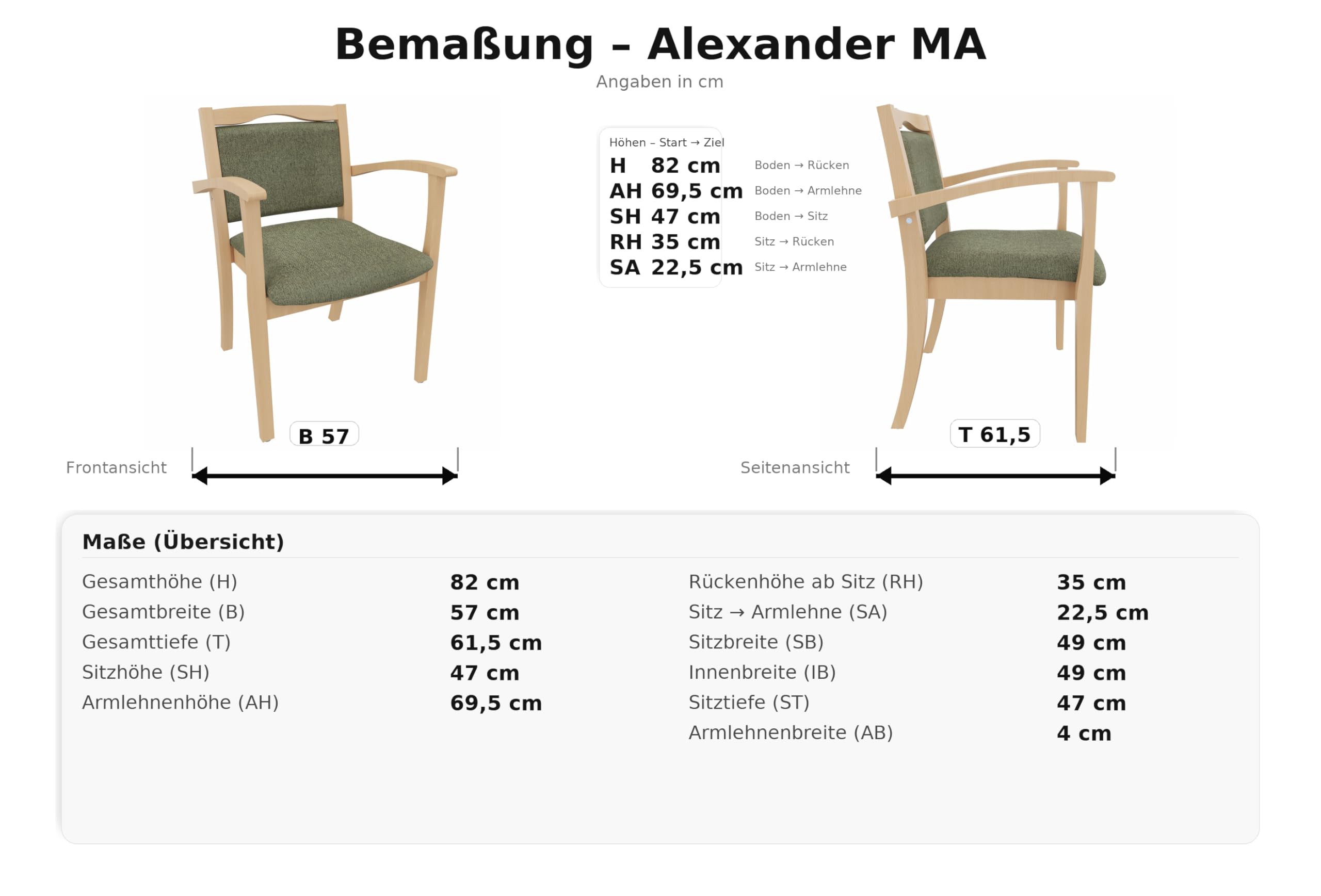 Seniorenstuhl Alexander Rustikal mit Armlehnen – Komfortabler Pflegestuhl – 47cm Sitzhöhe