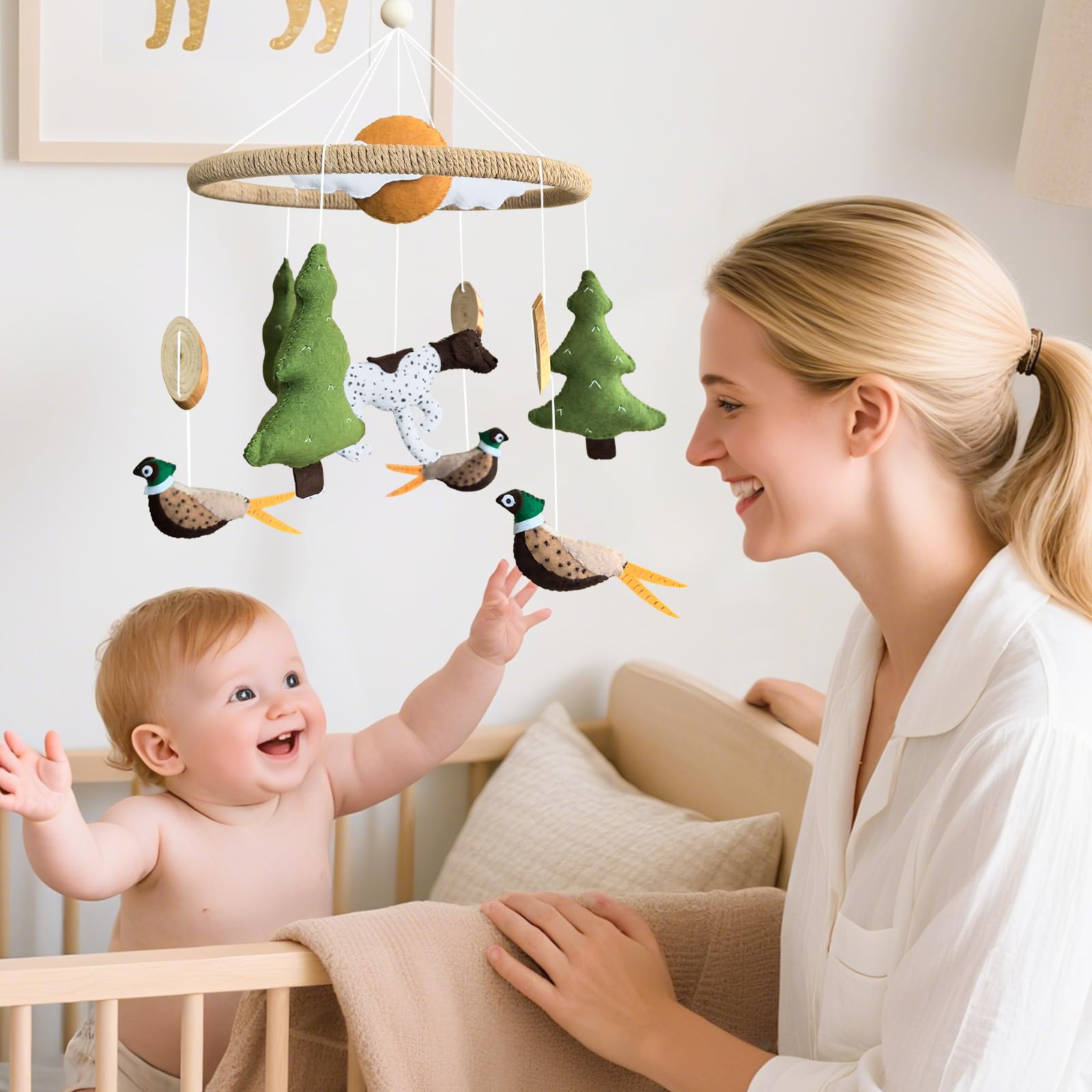 Mobile pour bébé pour berceau, chasse au faisan, berceau de bébé pour garçons et filles, fait à la main, décoration de chambre d'enfant, décoration de chasse à faisan, cadeau de nouveau-né