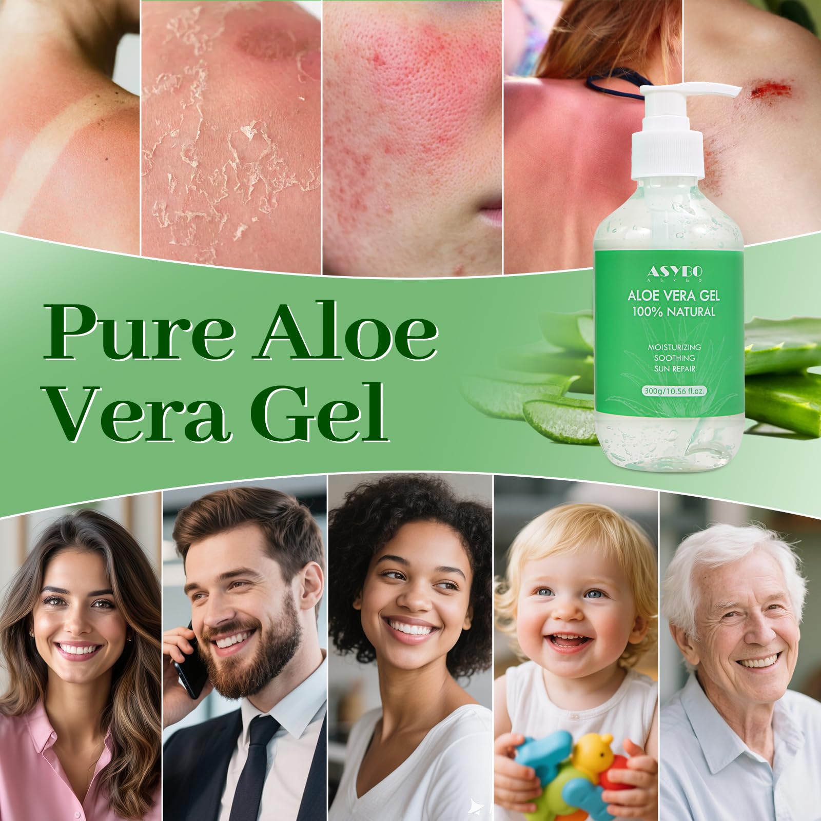 Żel Aloe Vera 300 ml – 100% czysty aloes do twarzy, ciała, włosów, uspokajający i odżywczy krem z aloesu do suchej skóry, poparzeń słonecznych, trądziku, balsamu po opalaniu