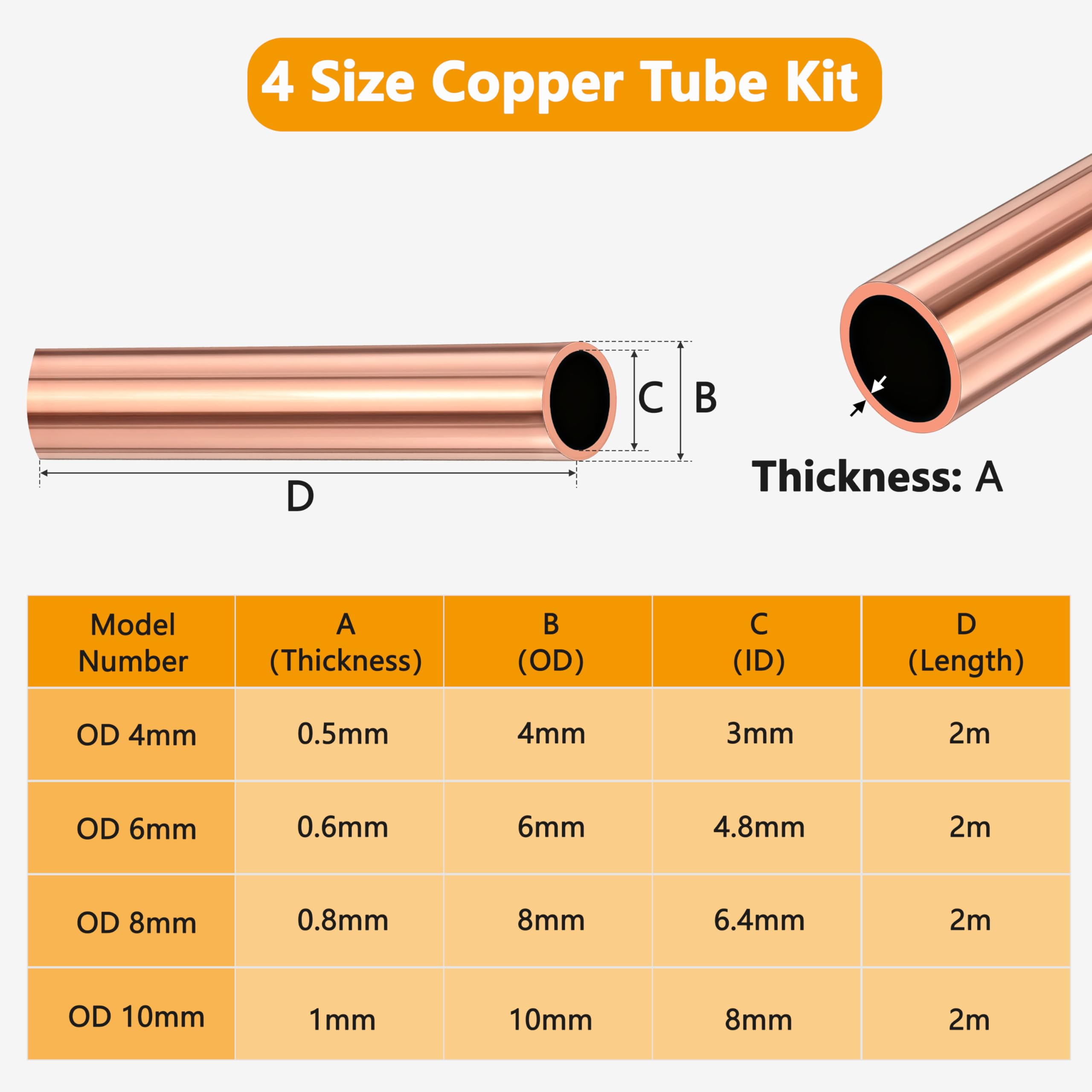 Tube en Cuivre Souple, 2m OD 8mm Tuyau Rond en Cuivre Flexible Câble à Bobine pour la Plomberie de Réfrigération, Générateurs et l'industrie