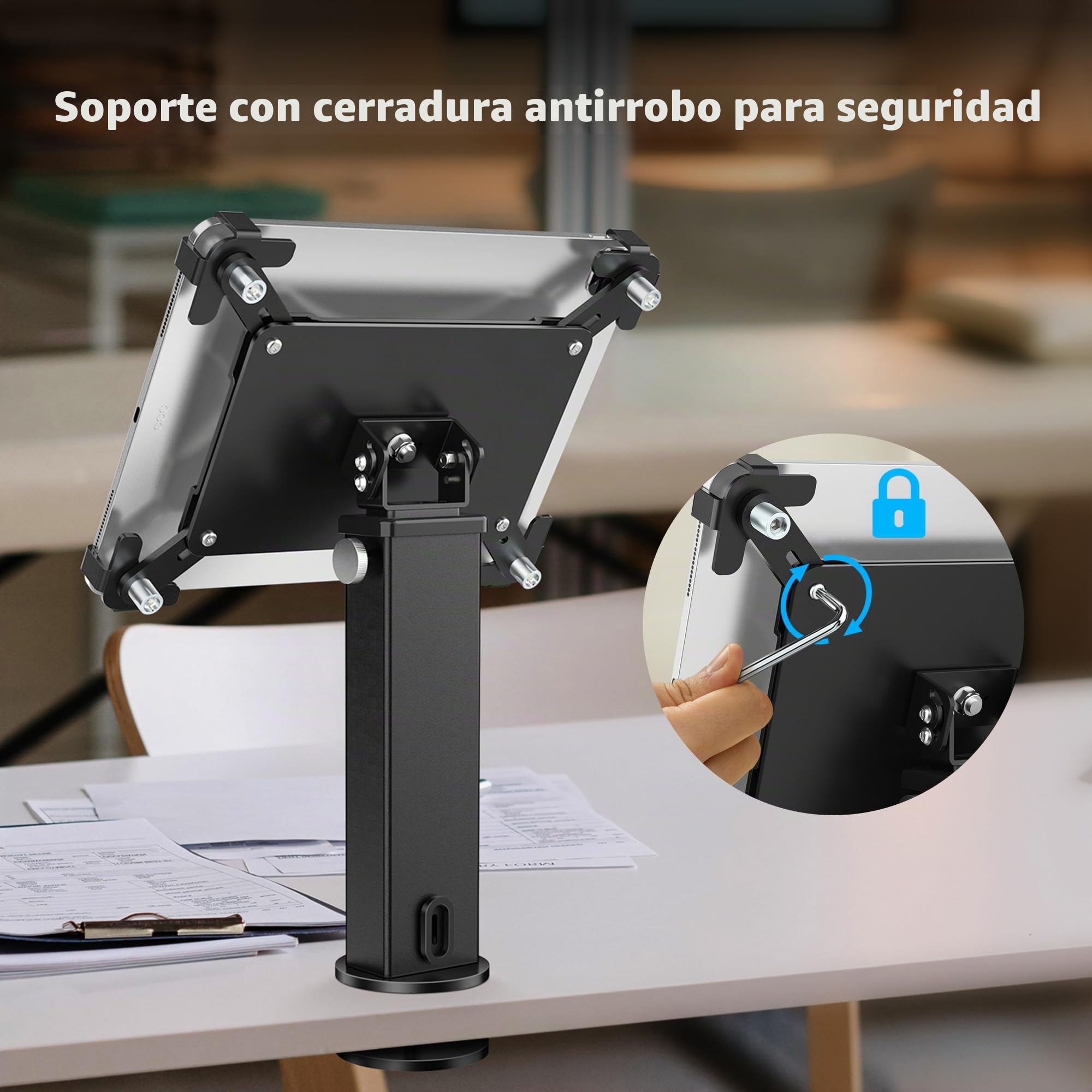 AboveTEK Soporte Antirrobo de Escritorio para iPad, Ajustable con rotación de 360° e inclinación de 180° para tabletas de 9,7 a 13 Pulgadas,Aluminio Resistente, Ideal para el Trabajo-Negro