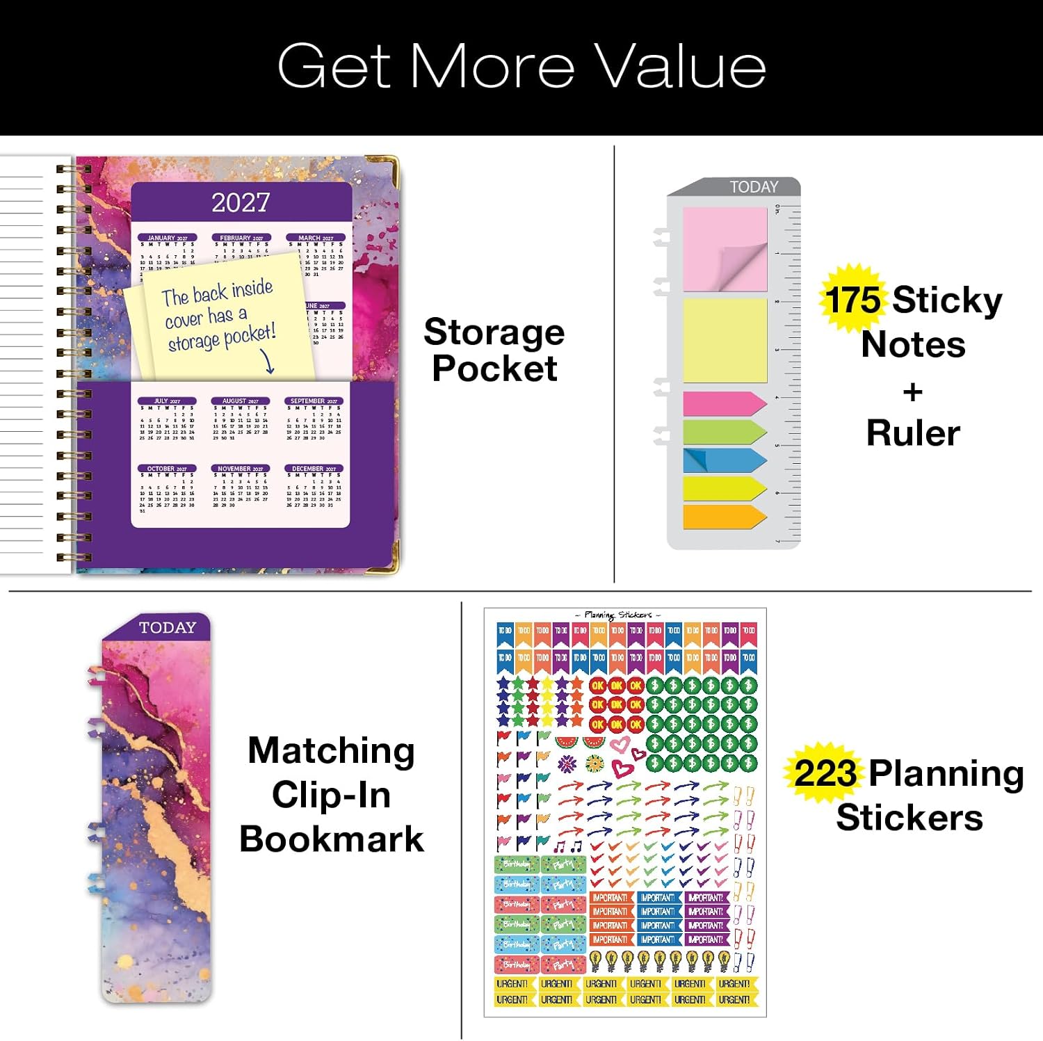 HARDCOVER Academic Year 2026-2027 Planner: 14 Months (May 2026 Through June 2027) 8.5"x 11" Daily Weekly Monthly Planner Yearly Agenda. Bookmark, Pocket Folder and Sticky Note Set (Rainbow Gold Marble)