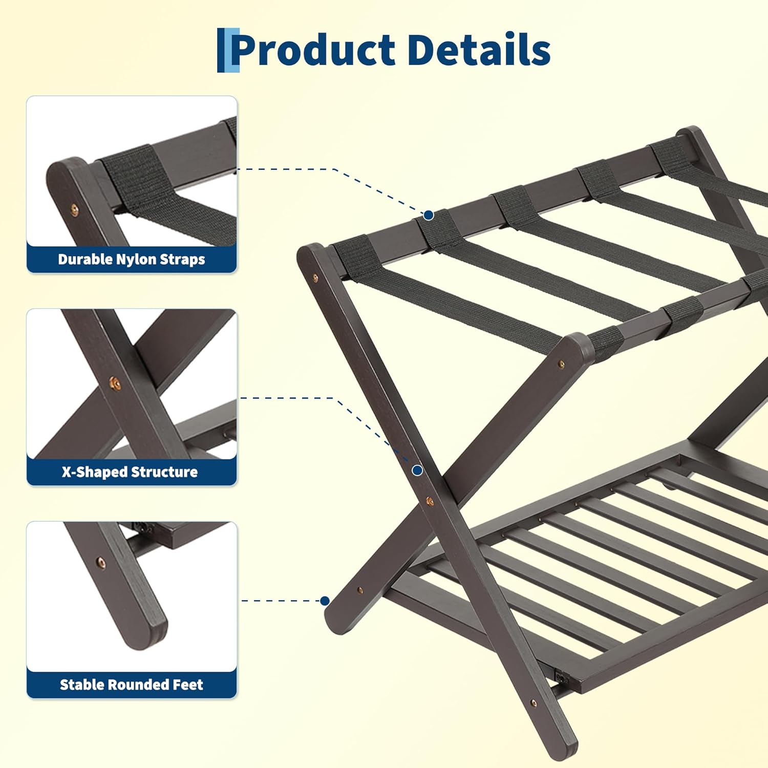 GAOMON Folding Luggage Rack with Storage Shelf Bamboo Suitcase Stand with Nylon Straps 2-Tier Luggage Holder for Guest Room Bedroom Hotel Holds Up to 110 Lbs