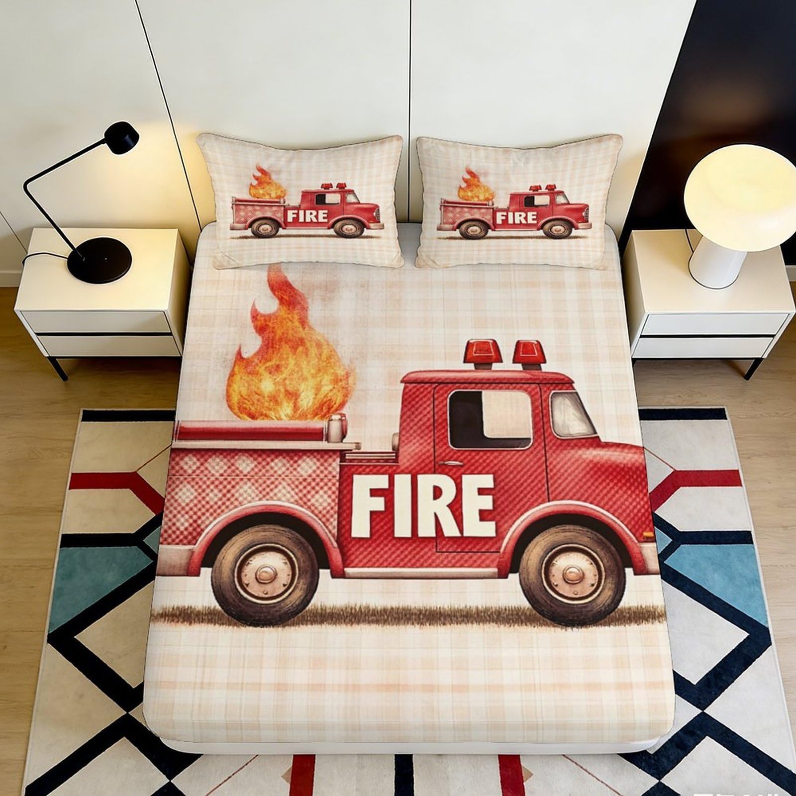 3D Printed Fire Truck Fitted Sheet Microfiber Anti-Slip Machine Washable Flame Bed Cover for Bedroom Guest Room Decor 90x200x25cm