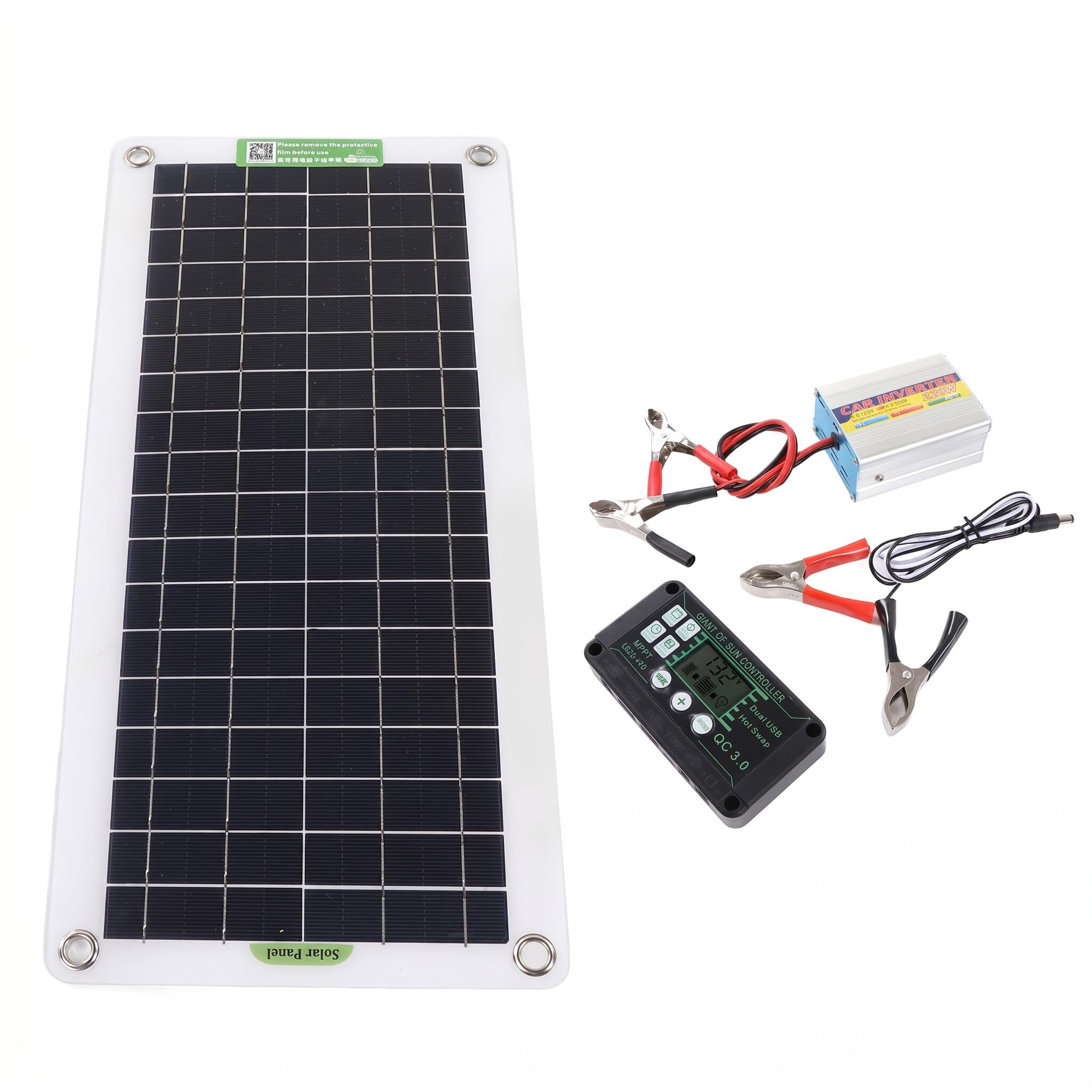 FECAMOS Kit de inversor solar de alto rendimiento, kit de iniciación de panel solar de 12 V a CA 220 V, 220 W, controlador de gran uso incluido, ligero y portátil de silicona monocristalina para