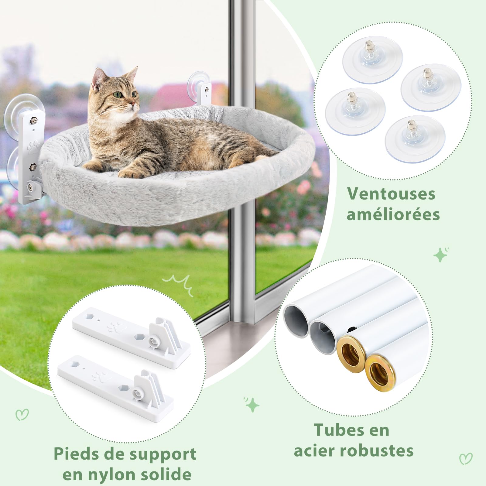 GUUSII HOME 2PCS Hamac Chat Fenetre Perchoir Lit Fenêtre Panier Suspendu Etagere pour Grande Chats Pliable Transat Facile à Monter avec Ventouse Puissante Tapis Réversible 53*30cm Jusqu'à 18kg(Gris)