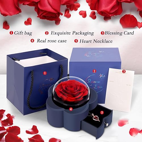 Miniatura 6 de Rosa preservada con collar de corazón, regalo de flor eterna para mamá, esposa, novia, mujer, perfecto para el día de San Valentín, cumpleaños,