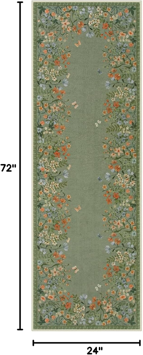 Wonnitar 2x6 Runner Rug for Hallways, Green Floral Bathroom Rugs Non Slip Washable Kitchen Runner, Low Pile Soft Botanical Runner for Girls Bedroom Laundry Room Bedside (Green,2'x6')