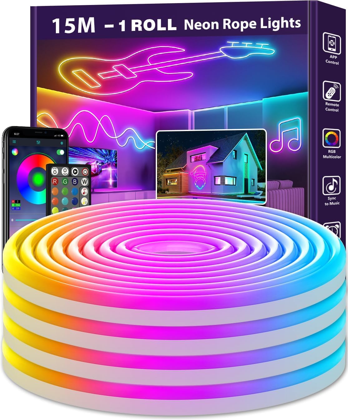 Ailbton Rgb Led Neon Rope Lights 15M Flexible Led Rope Lights,Control With App/Remote,Multiple Modes, Neon Music Sync Gaming Strip For Bedroom Indoor