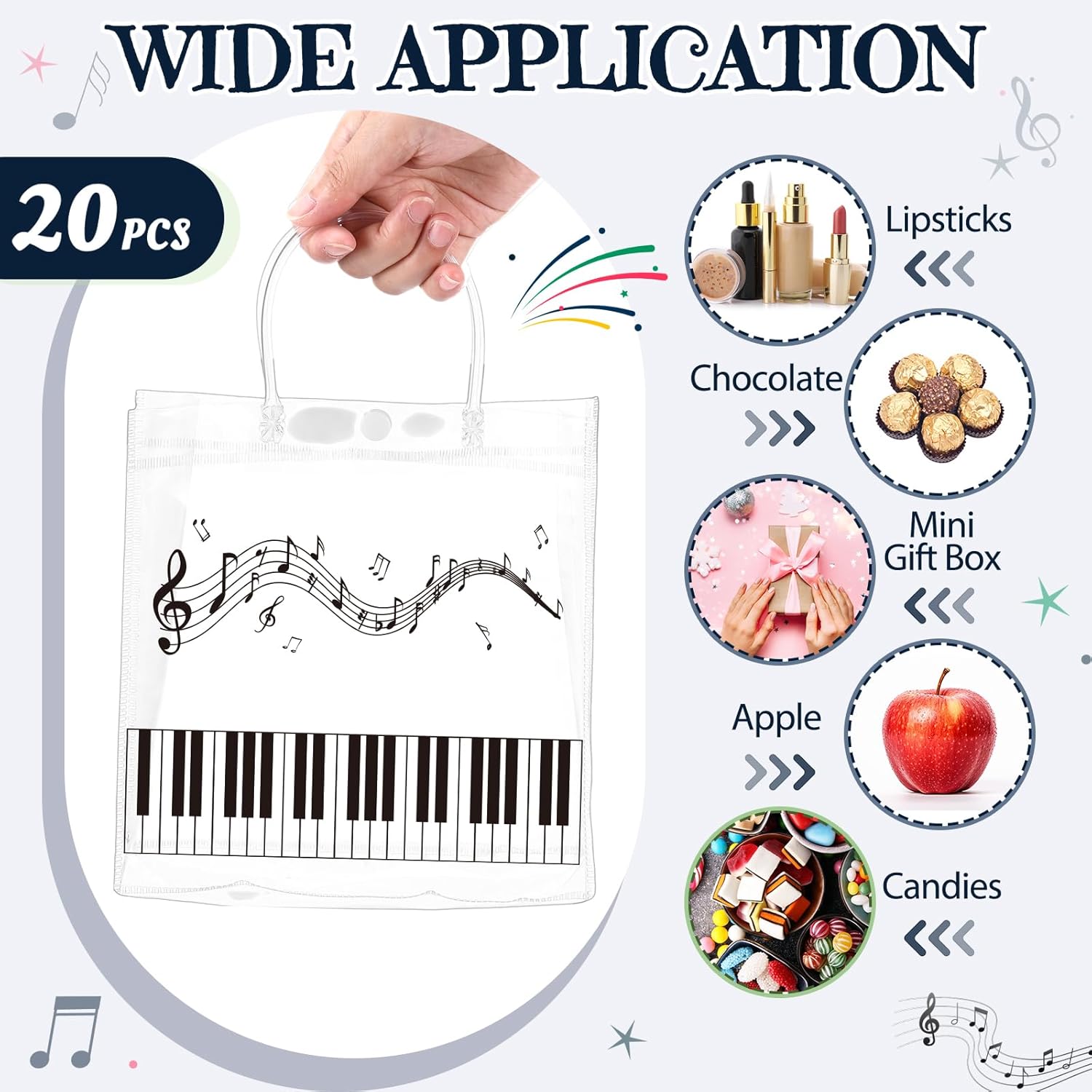 Resholder 24 Pcs Music Piano Clear Gift Bags Piano Keys PVC Treat Bag with Handles Musical Theme Party Favors for Recitals, Student Gifts, Concert, Music Lovers, 8 x 8 x 3.15 Inch - Image 5