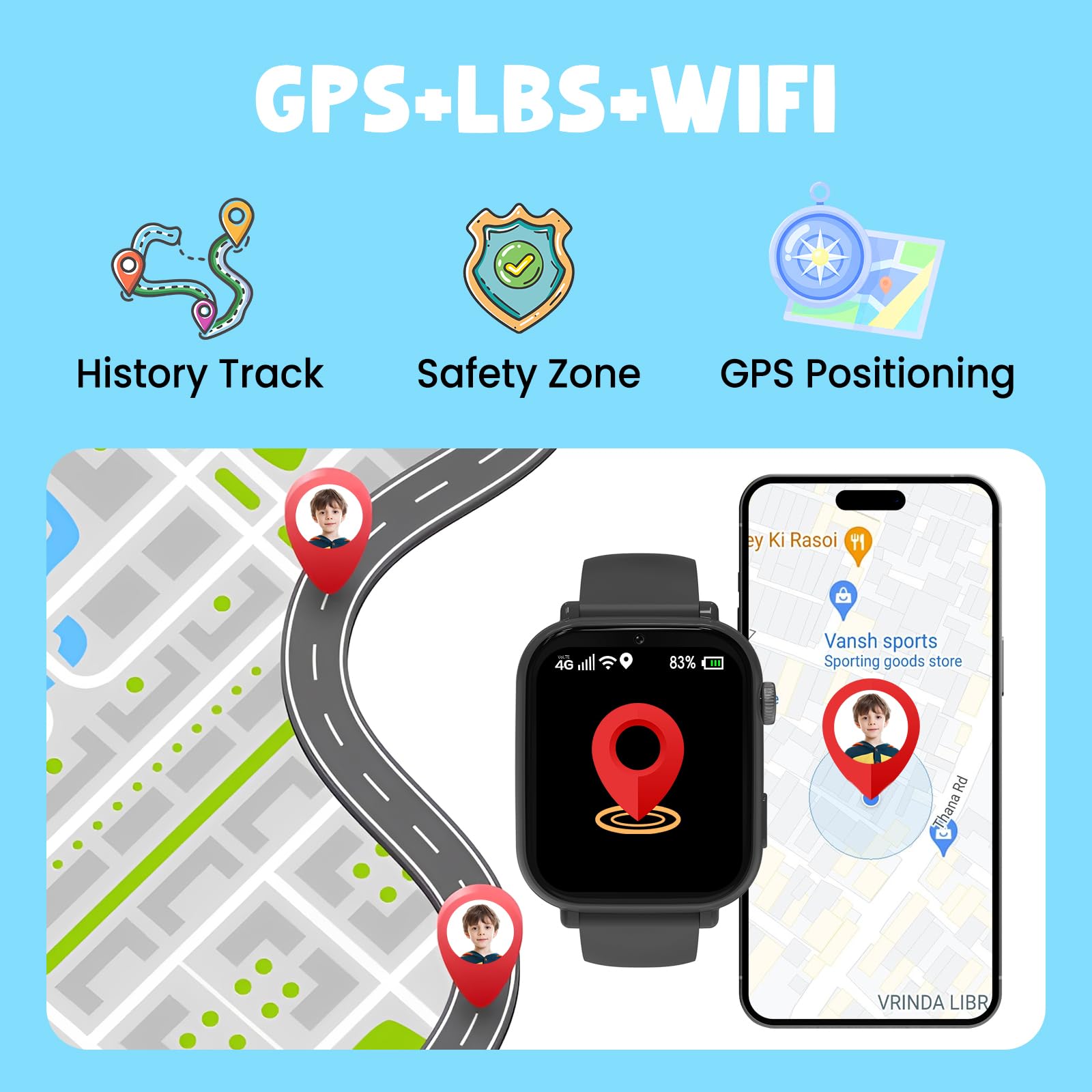 Alutoria Smartwatch Kinder mit GPS und Telefon, 4G Kinderuhr mit Videoanruf | Voice Chat, 2x Uhrarmband‌, SOS, Schulmodus, Schrittzähler, Uhr Kinder Smartwatch für Mädchen Jungen Geschenke, Schwarz