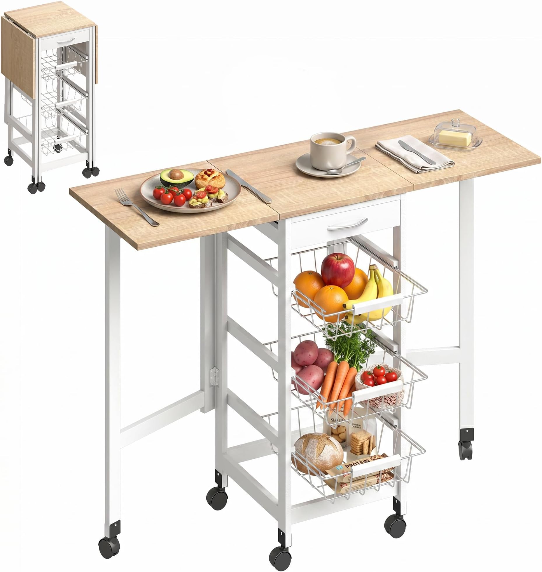 HOMCOM Foldable Kitchen Cart Trolley, Drop Leaf Kitchen Island with 3 Pull-out Baskets, Drawer and 6 Universal Wheels for Dining Room, Oak Tone