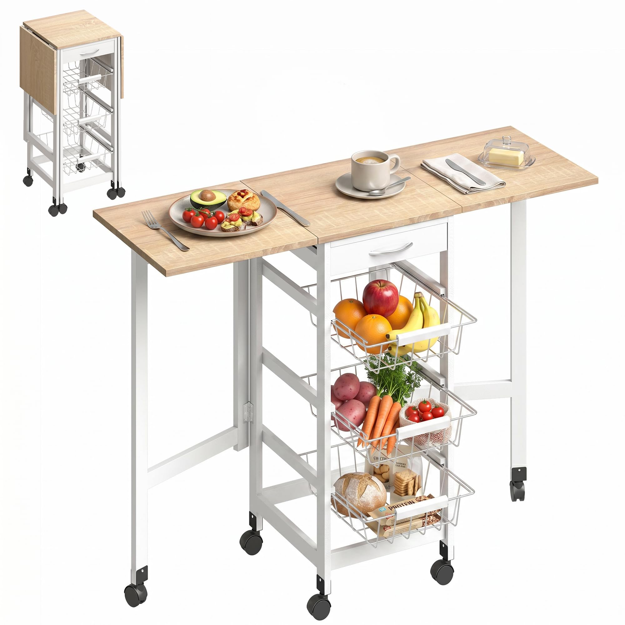 B&Q -  Drop-Leaf Kitchen Trolley W/ 3 Baskets Drawer Surface Top 6 Wheels White