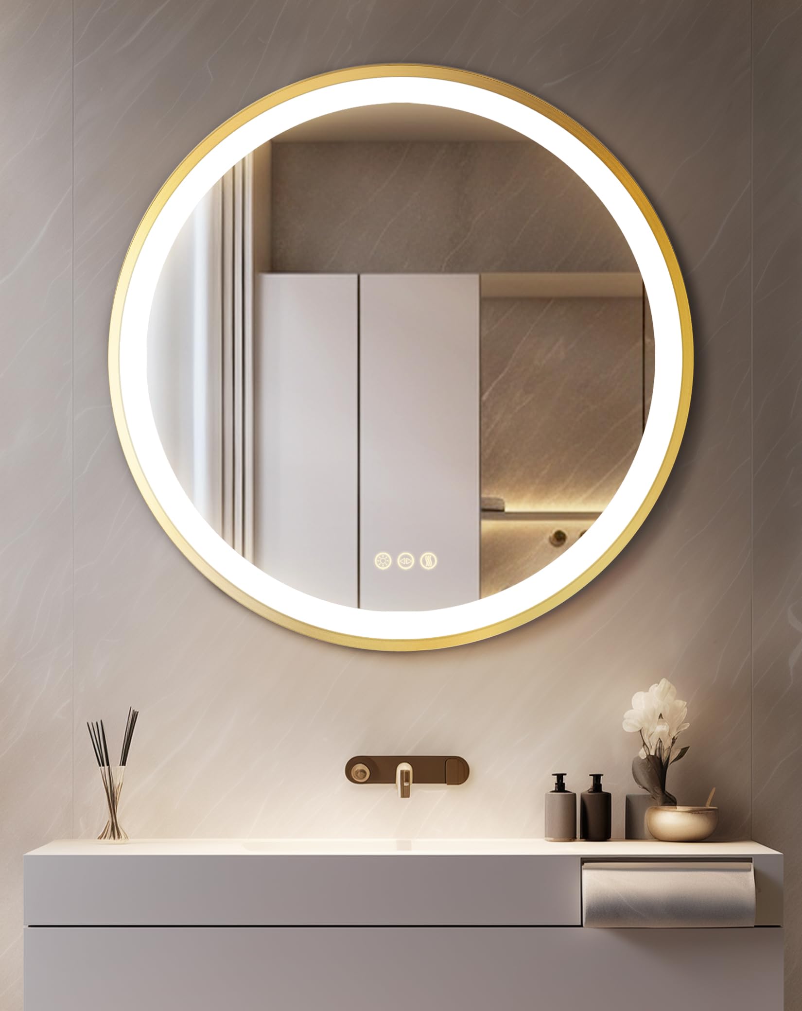 Wisfor Bathroom Mirror with LED Light: 60cm Round Illuminated Wall Mirror with Aluminum Alloy Gold Frame Touch Switch Anti-fog 3 Changeable Lighting Color, Memory Function