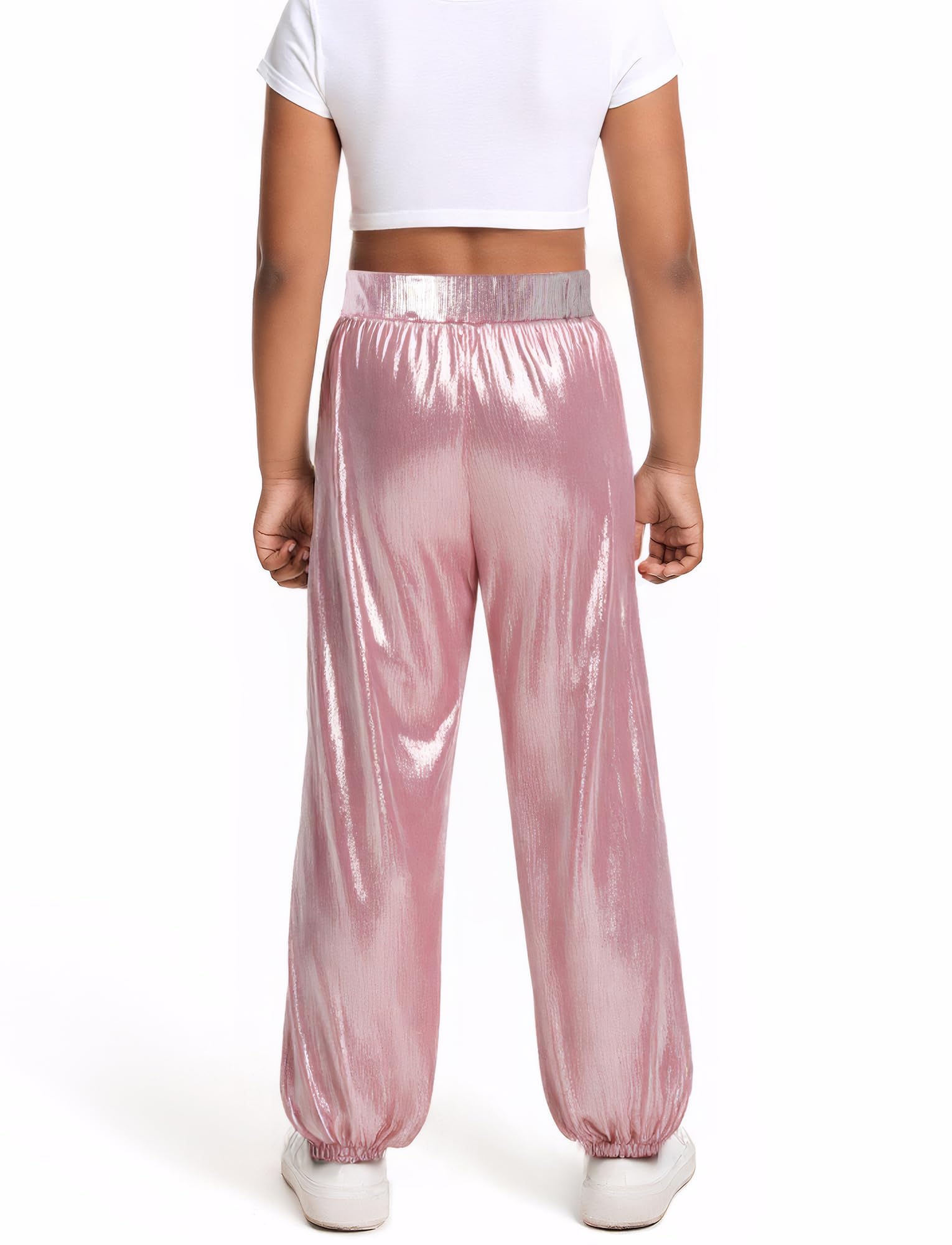 SEAUR Pantaloni lucidi per bambini e bambine, Hip Hop, pantaloni da danza metallici, per festival, ballo, streetwear 110 – 160 = (EU 104 – 158)