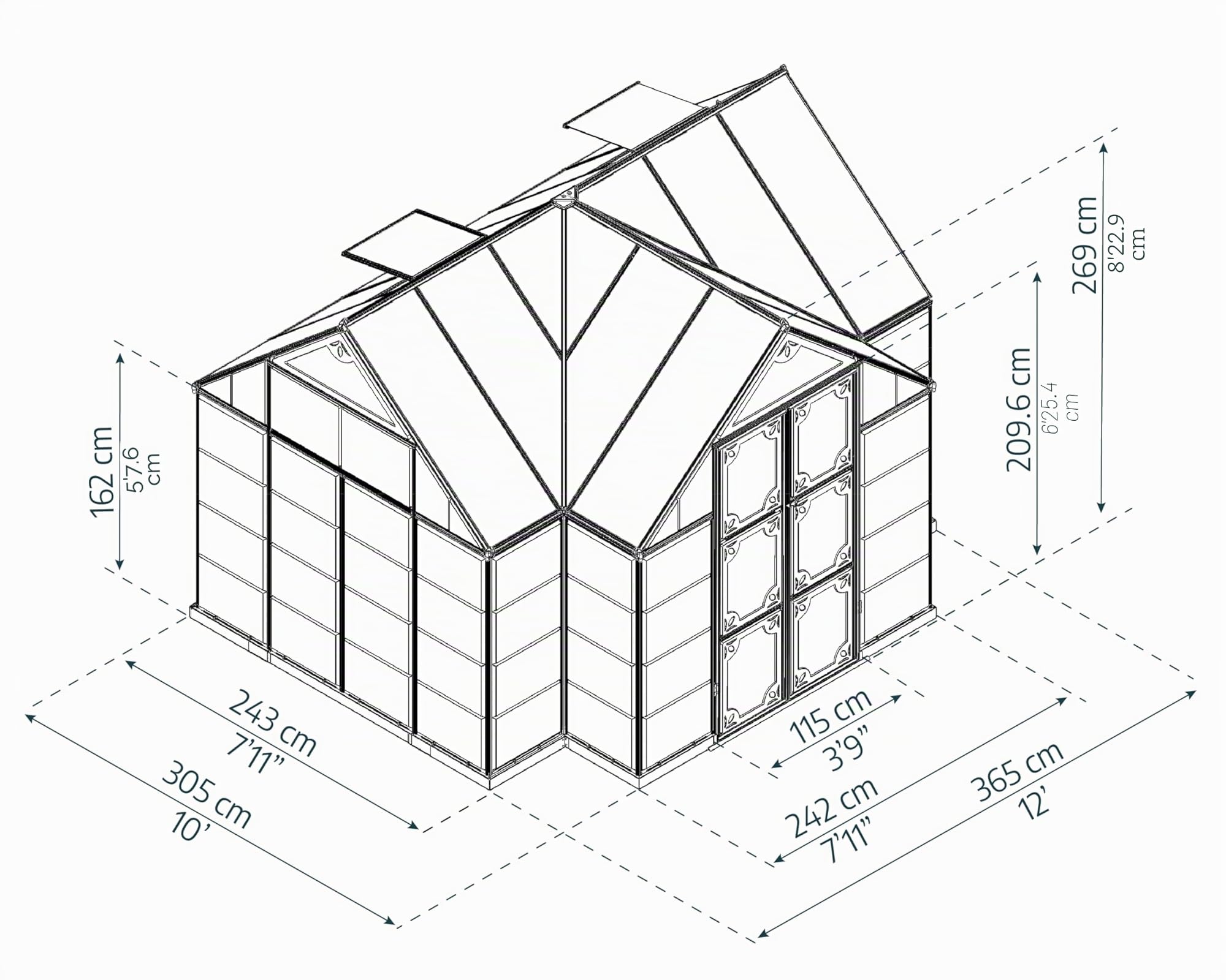 Canopia by Palram Gewächshaus gross Victory Orangery Treibhaus 365x305 cm Aluminium Grau Tomatenhaus Polycarbonatplatten UV-beständig