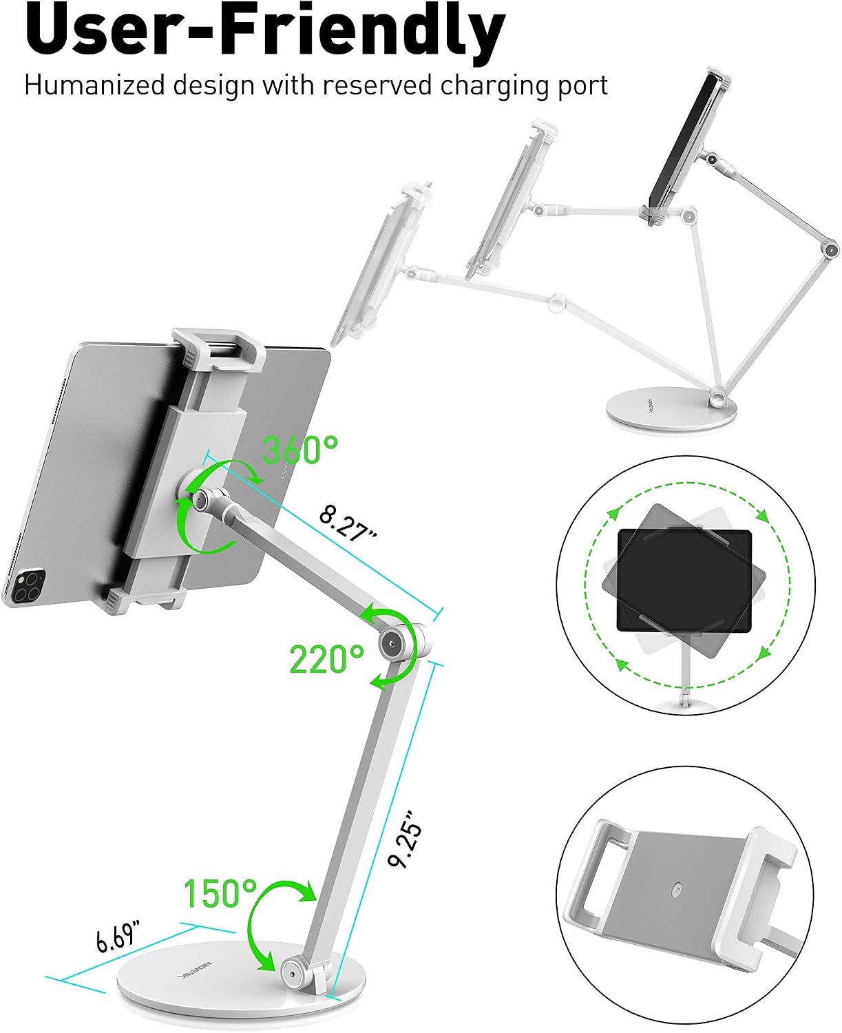 AboveTEK Adjustable Tablet Stand Holder, Long Arm iPad Holder, Flexible and 360 Degrees Rotatable iPad Stand, Compatible with 4.7“- 13.5” Mobile iPhone, iPad, Samsung Tab, Nintendo (White)