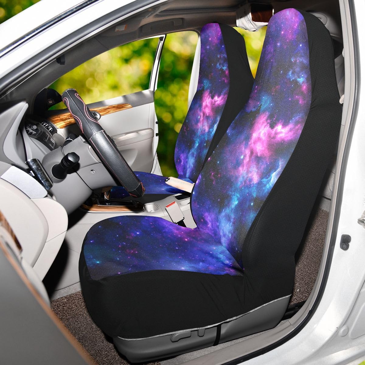 2 PCS Blue Galaxy Car Seat Covers Purple Nebula and Shining Stars in the Universe Cool Deep Space Print Vehicle Seat Protector Cushion Cover Universal Car Accessories for SUV Truck Sedan