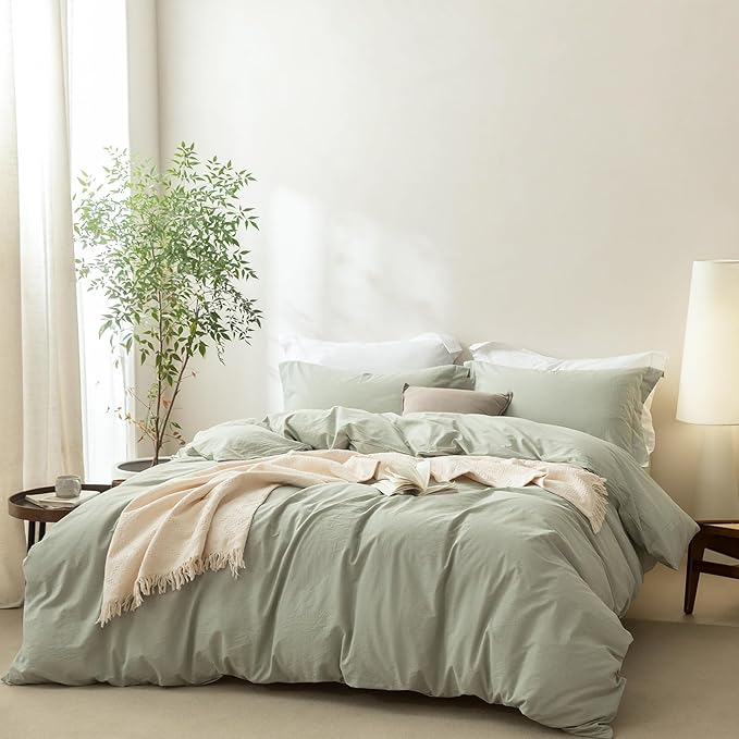 Linen Feel Sage Green Duvet Cover Queen Size 90'' L x 90'' W, Percale 100% Washed Cotton Duvet Cover with Zipper Closure Plus 2 Pillowcases, Oeko TEX Standard Certificated