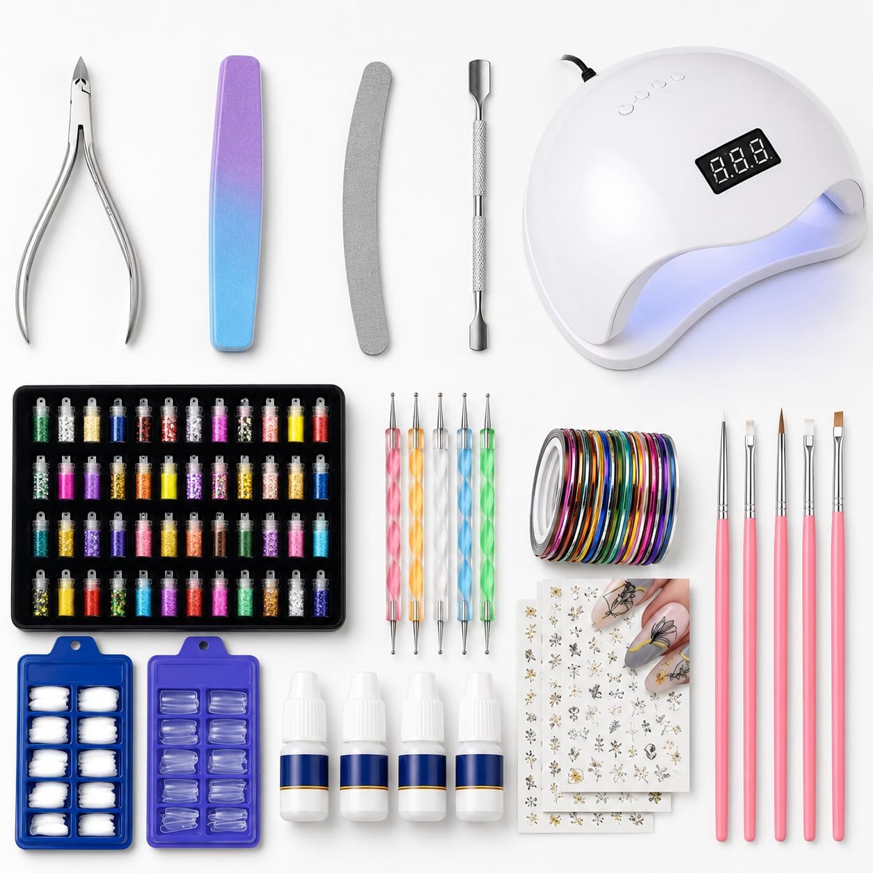 Professional 48W UV LED Nail Lamp Nail Art Kit with 200 Nail Tips, 48 Glitter Bottles, Nail Glue, Nail Brushes, Dotting Tools & Nail Stickers – Complete Manicure Set-image-37
