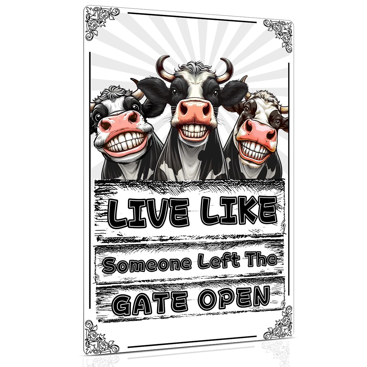 ALKB Cow Print Stuff Funny Metal Sign - Live Like Someone Left The Gate Open - Man Cave Bar Pub Club Wall Decoration 8x12 inches