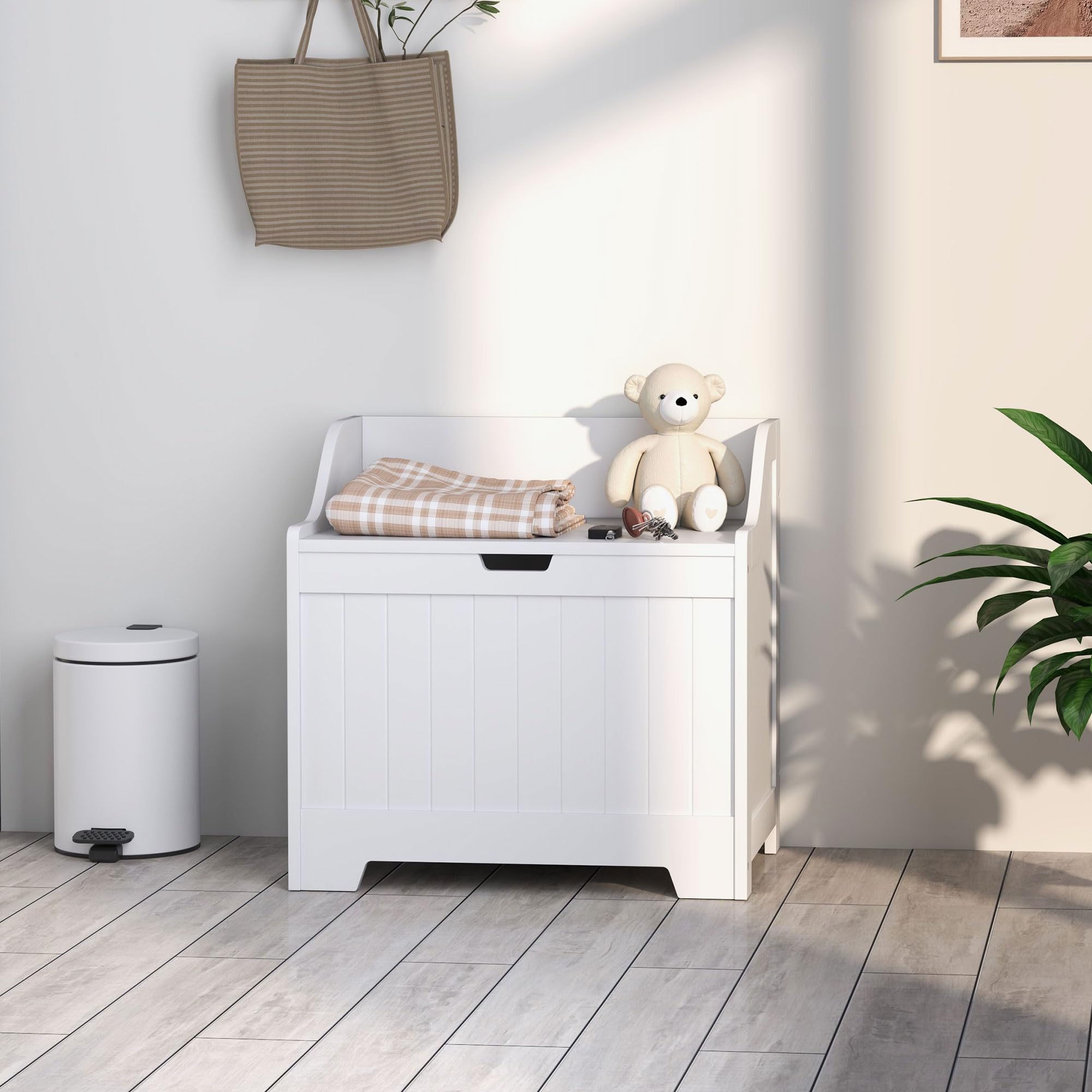 HOMCOM Arcón, Caja de almacenaje, Caja de almacenaje con bisagra de Seguridad, Recorte en Forma de U, Caja de Herramientas con Tapa, para salón, Dormitorio, Blanco, 60 x 38 x 56 cm