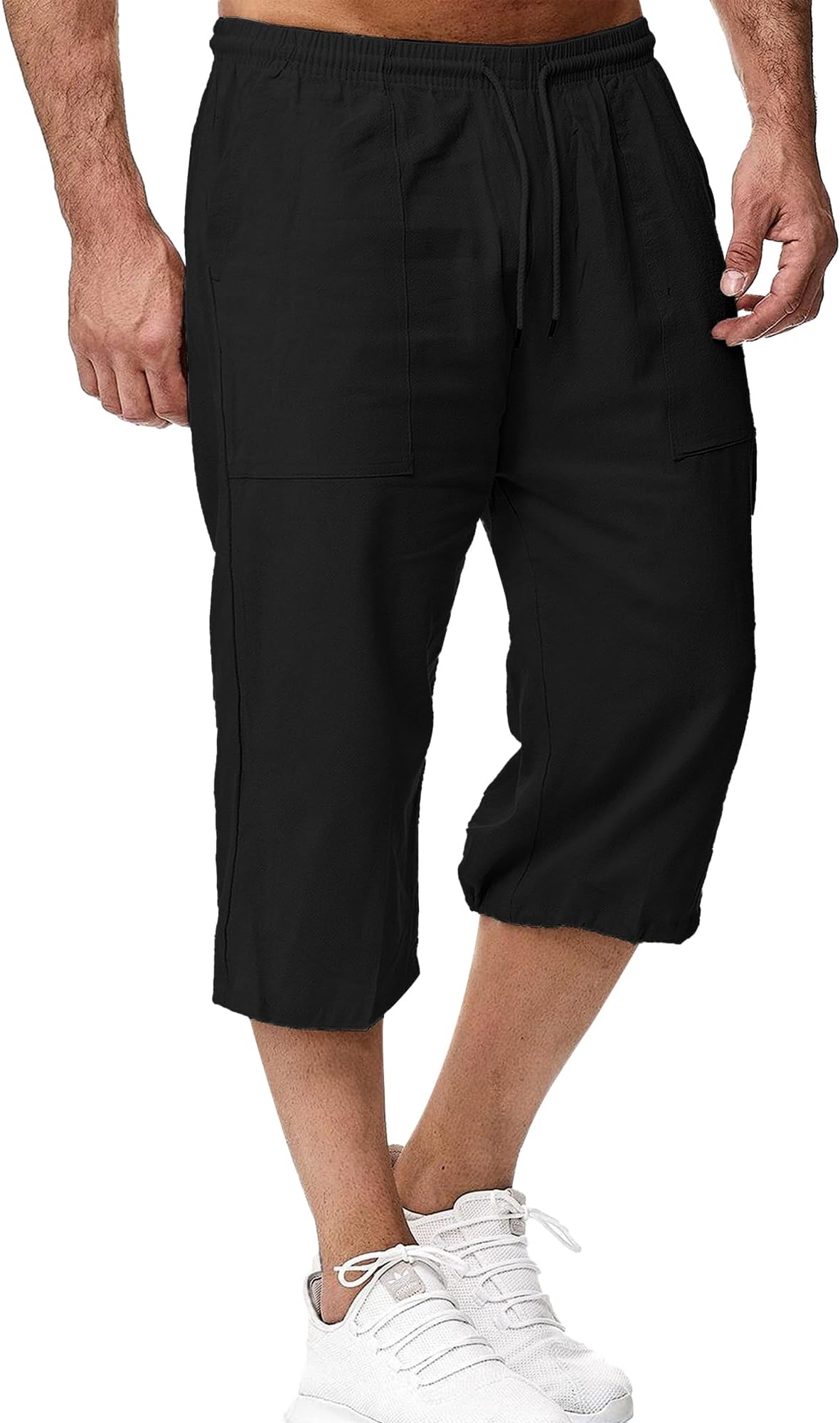 Men's linen shorts, 3/4 length trousers, summer trousers, beach, yoga, joggers, casual sweatpants, black, M