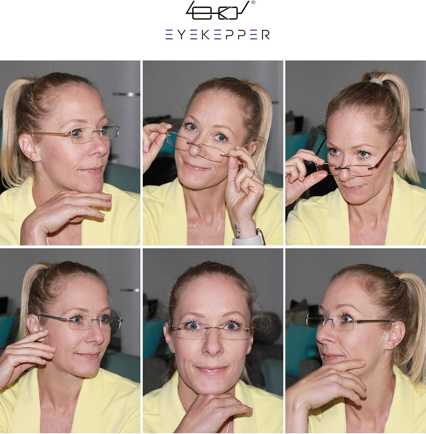 Eyekepper 6-Pack Mix Color Small Lenes Rimless Reading Glasses Women - Frameless Reader Eyeglasses for Men Reading +4.00