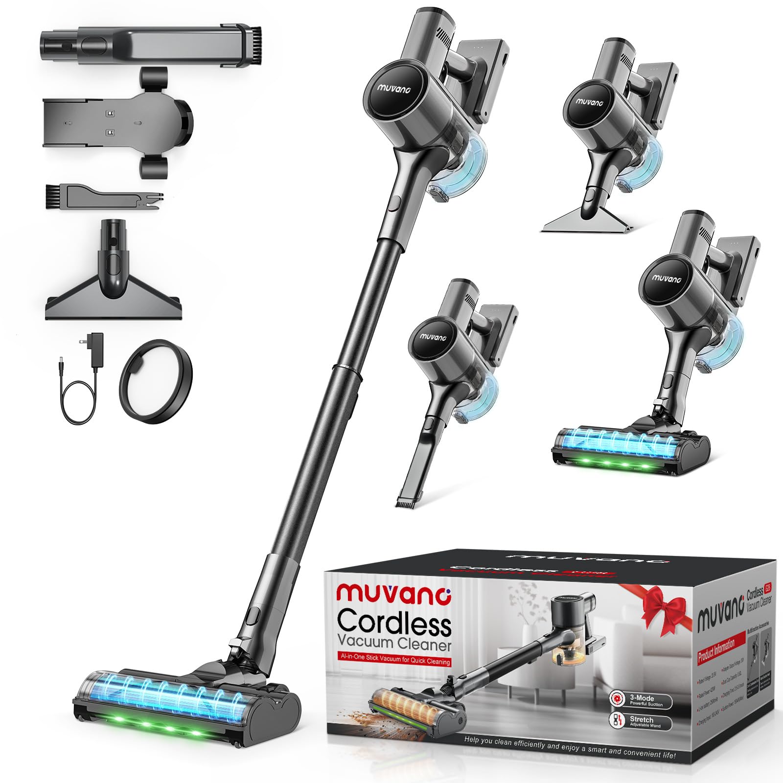 Akku Staubsauger Kabellos Cordless Vacuum Cleaner, 3 Reinigungsmodi 99,9% Filterleistung Akkustaubsauger mit Wandhalterung für Teppiche, Fliesen, Tierhaare, Parkett und Hartböden Schwarz
