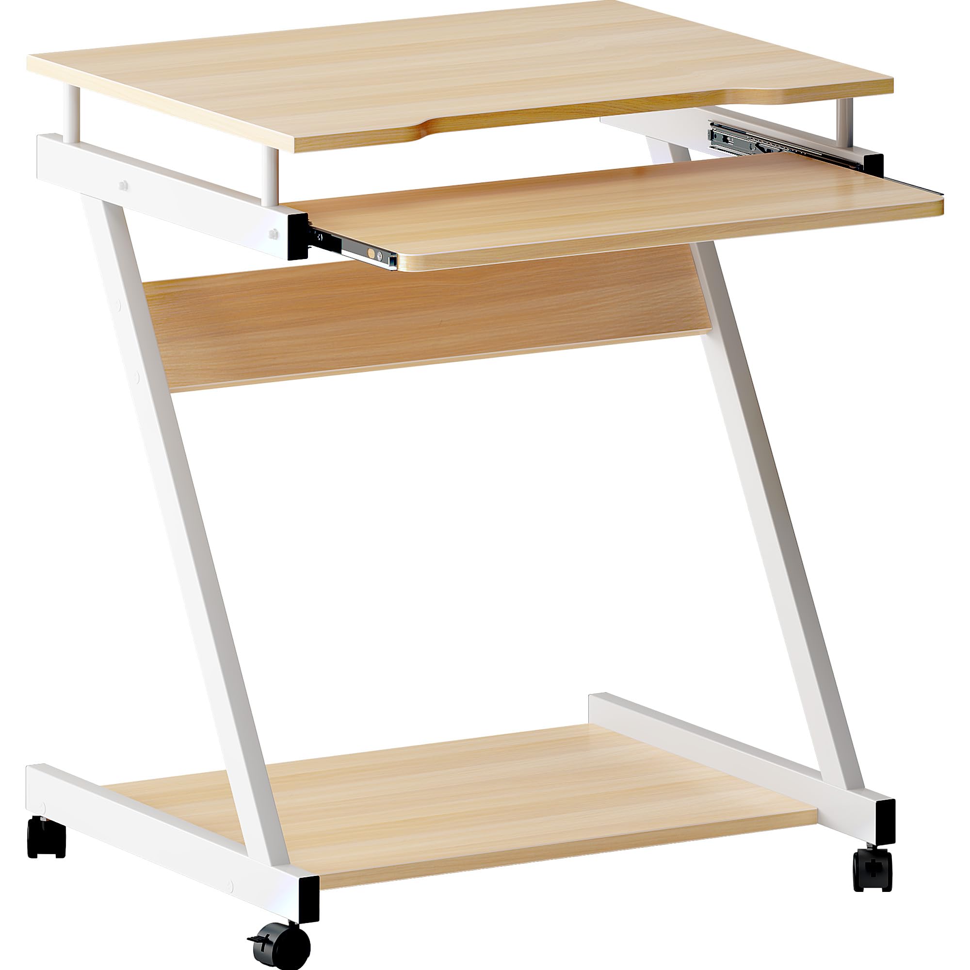 soges Bureau Informatique avec roulettes Bureau Mobile Table Roulante Table d’Ordinateur avec Plateau Clavier Coulissant pour Maison et Bureau Érable Blanc