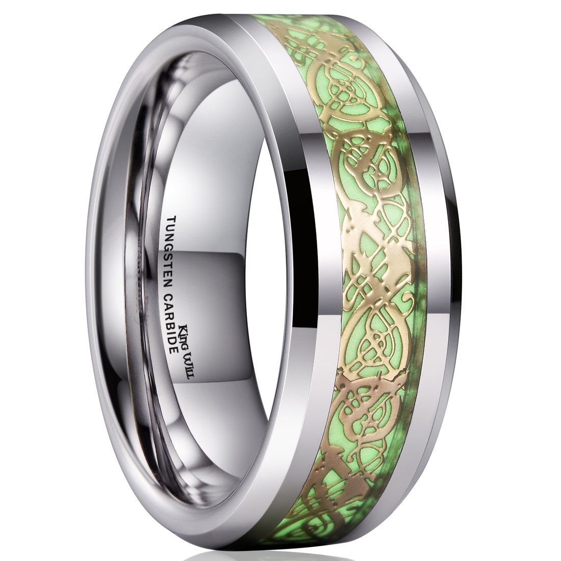King Will Aurora 8mm Luminou Glow Tungsten Carbide Wedding Ring Celtic Dragon/Skull/Lord of Ring