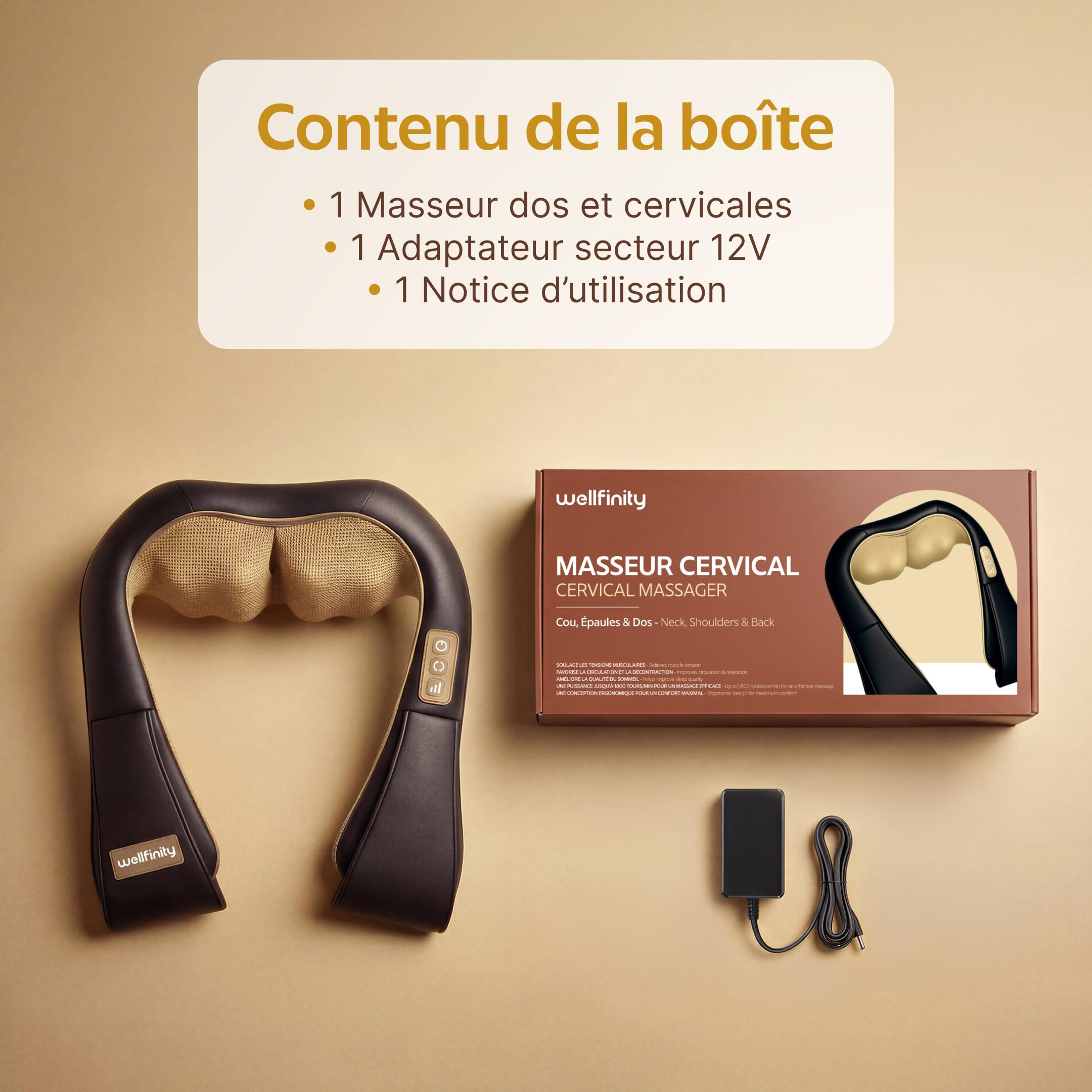 Masseur Dos et Cervicales Shiatsu - Appareil de Massage Électrique Cou et Nuque, Massage Profond pour Soulager les Douleurs et Tensions Musculaires, Usage Maison, Cadeau Femme Homme - Wellfinity