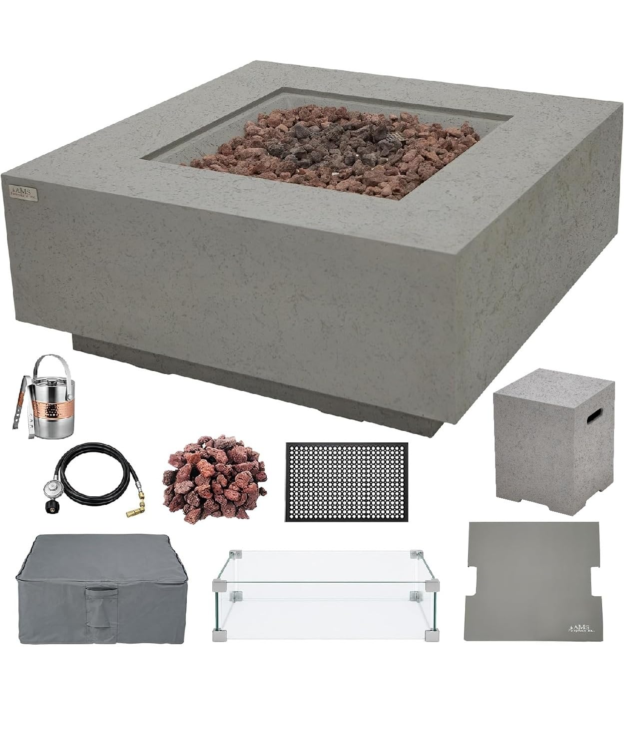 AMS 40" Square Concrete GFRC Propane Gas Fire Pit Table Bundle - Light Gray