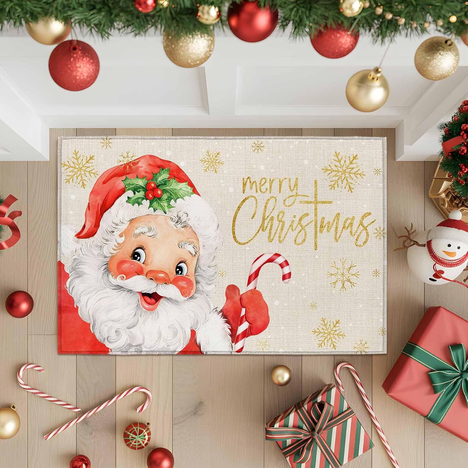 Red Santa Claus Front Door Mat Indoor Entrance, Merry Christmas Non Slip Doormat Absorbent Resist Dirt Floor Mats Washable Low Profile Winter Snowflake Linen Inside Rugs for Entryway, 20''x31.5''