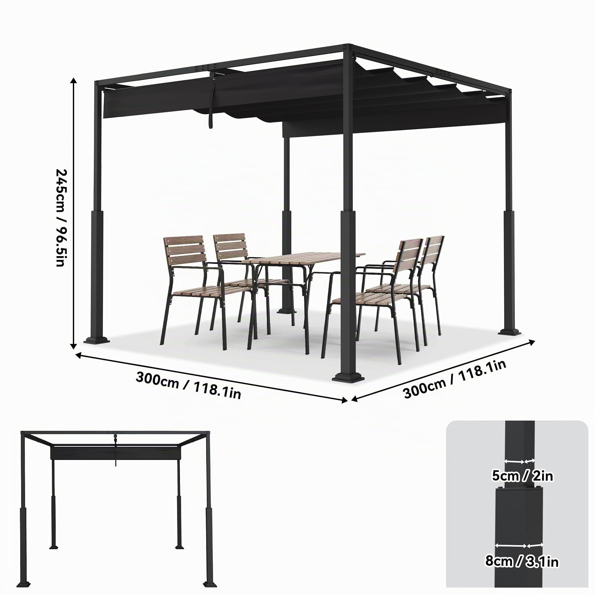 LZQ Pergola Gazebo 3x3 m con telaio acciaio robusto e tetto poliestere rivestito PA regolabile, protezione solare anti-intemperie per giardino e terrazza (nero)