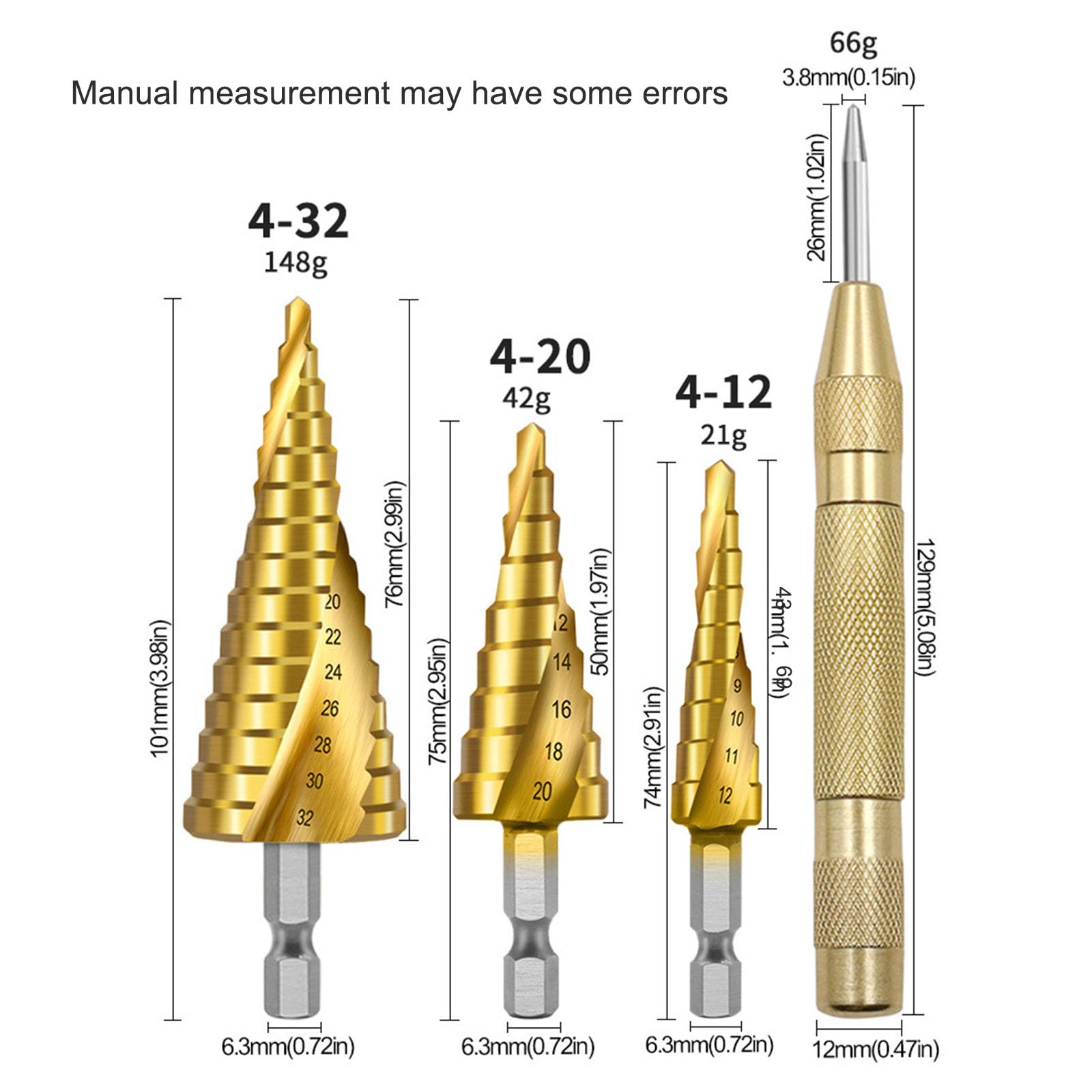 Spiral Grooved Step Drill Bit Set, Hex Shank Metric Bearing Steel Titanium Plating Spiral Pagoda Drill Bit Set - Image 2