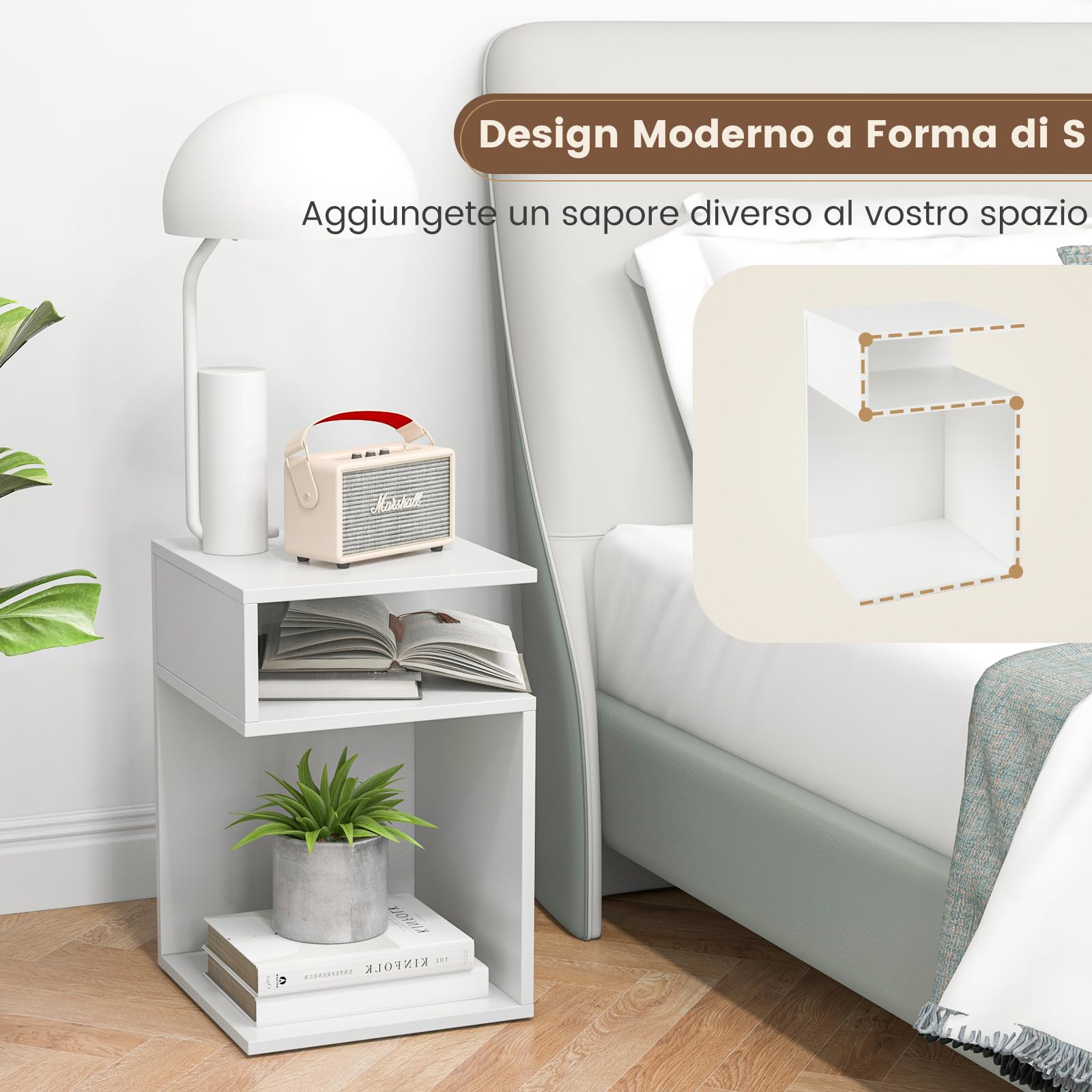 COSTWAY Tavolino Laterale da Salotto a Forma di S per Piccoli Spazi, Tavolino per Divano con 2 Scomparti Aperti, Comodino Moderno per Soggiorno, Camera da Letto e Studio, Bianco (1,Bianco)