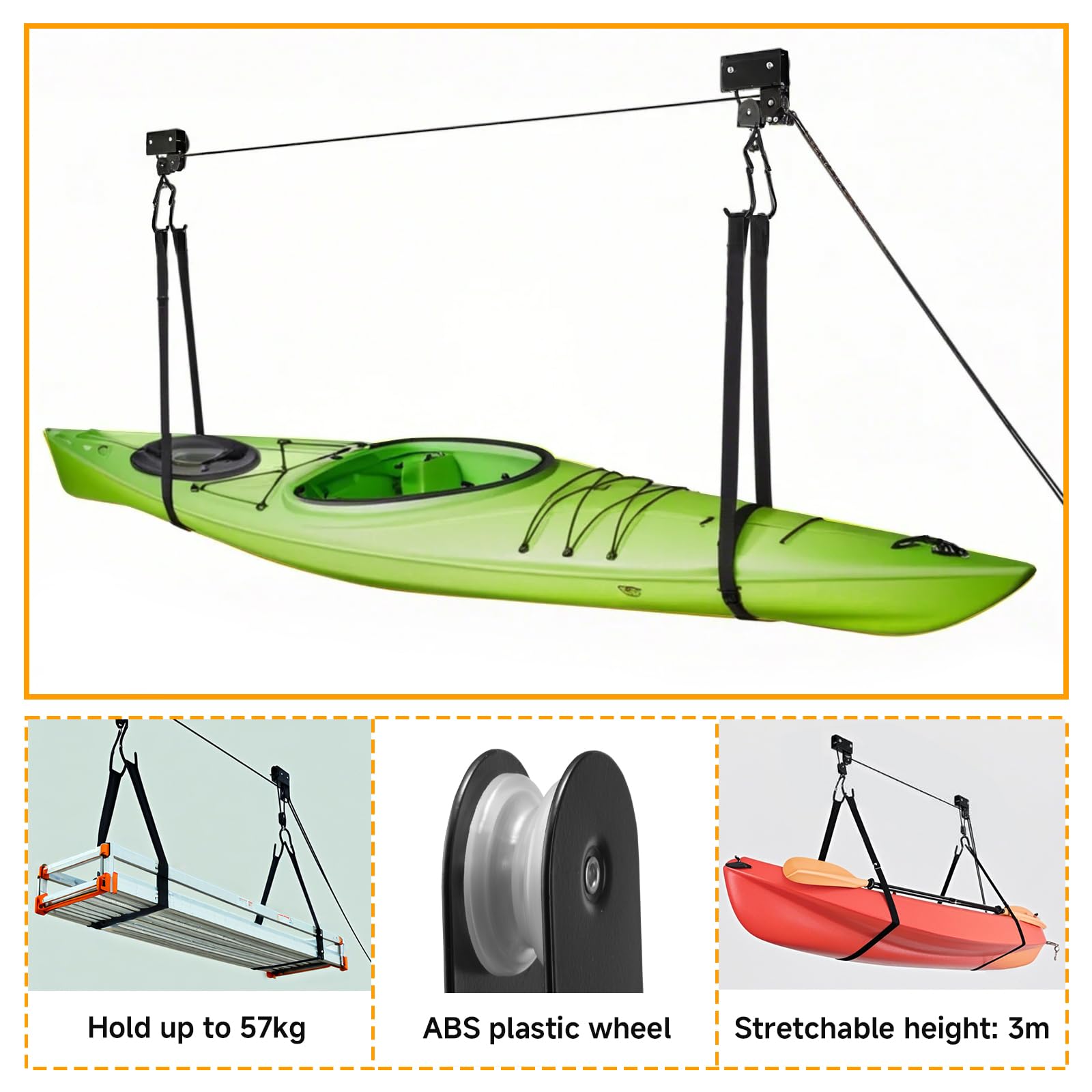 Hoteche Suspension pour kayak | Accessoires de kayak avec corde de 16 m | Support de plafond pour canoës et vélos | Charge maximale 57 kg