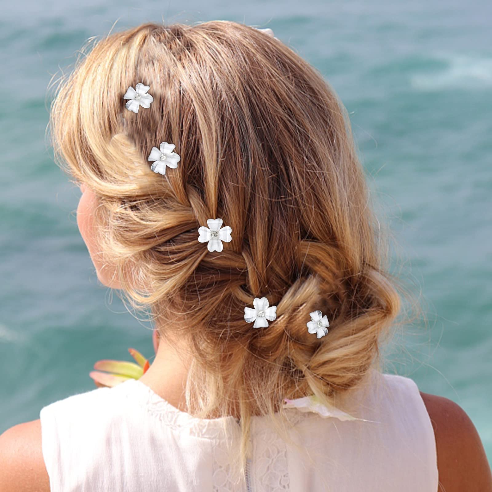 20 mini pinzas para el pelo con flores blancas con diamantes de imitación, horquillas decorativas para el cabello, pasadores de pelo de boda, accesorios para el cabello de novia para niñas y 4