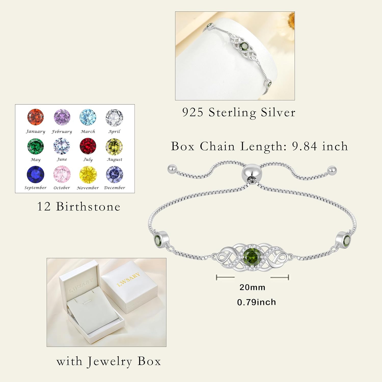Infinity Celtic Knot Bracelet for Women 925 Sterling Silver Birthstone Bracelet Irish Jewelry Gift for Her