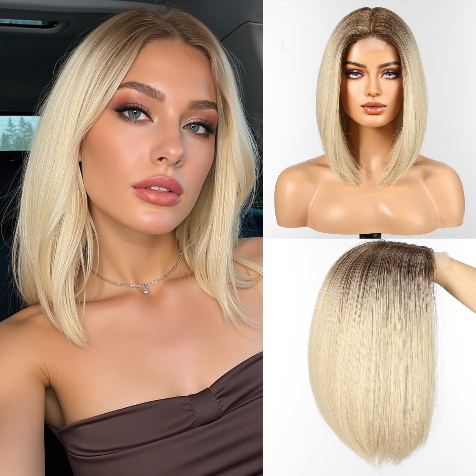 WOKESTAR Bob Wigs for Women Middle Part Bob Style Heat Resistant Fibre Synthetic Heat Resistant Wigs Light Blonde Color