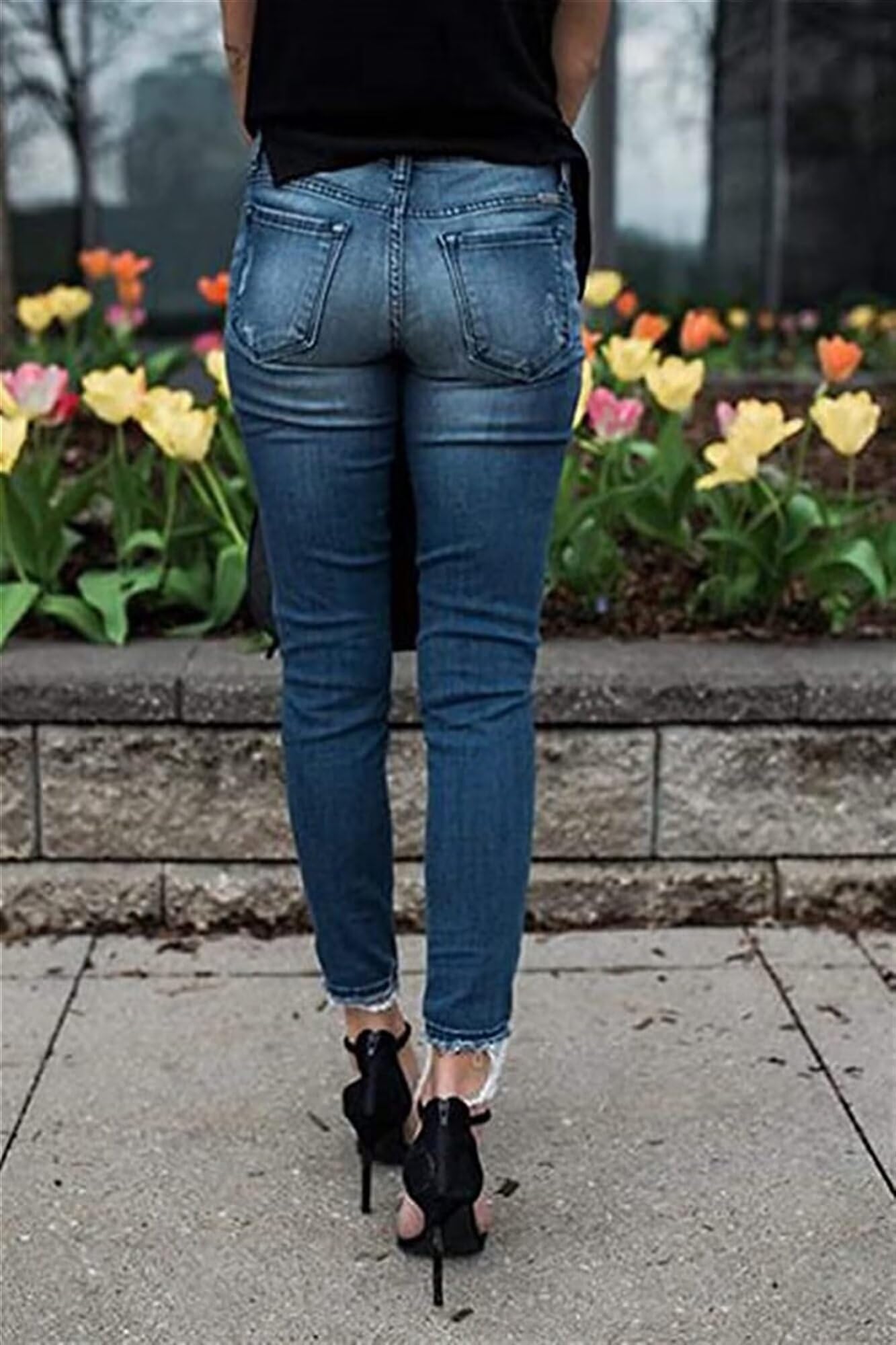 HYCYYFC Zerrissene Damen-Jeans mit hoher Taille und ausgefranstem, ungesäumtem Saum, Skinny-Denim-Hose mit Tasche