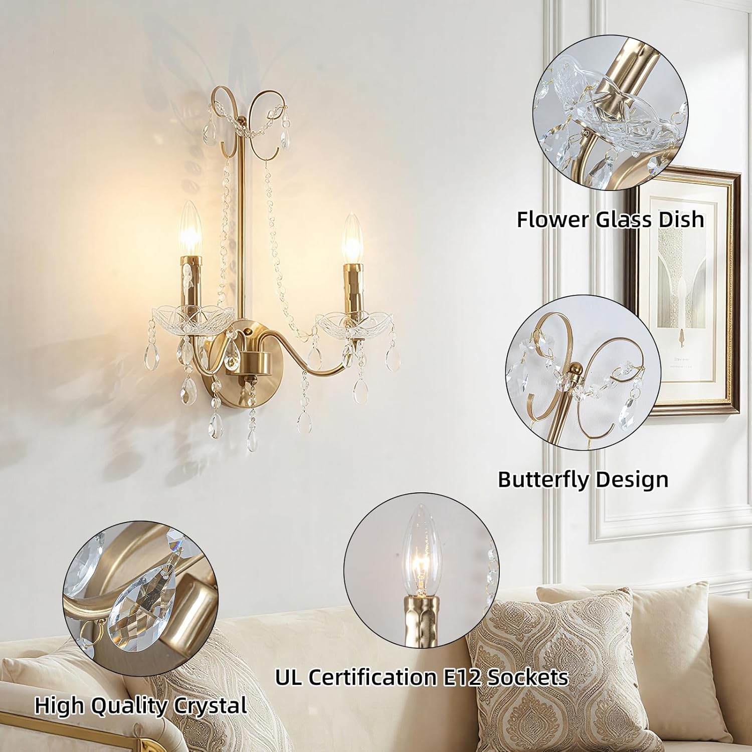 Crystal Wall Sconce Light, 2-Lights Hardwired Gold Wall Sconce with Crystal Dish Indoor Vintage Sconces Wall Lighting Candle Hallway Wall Light Fixtures for Bathroom Living Room Bedroom, 1-Pack