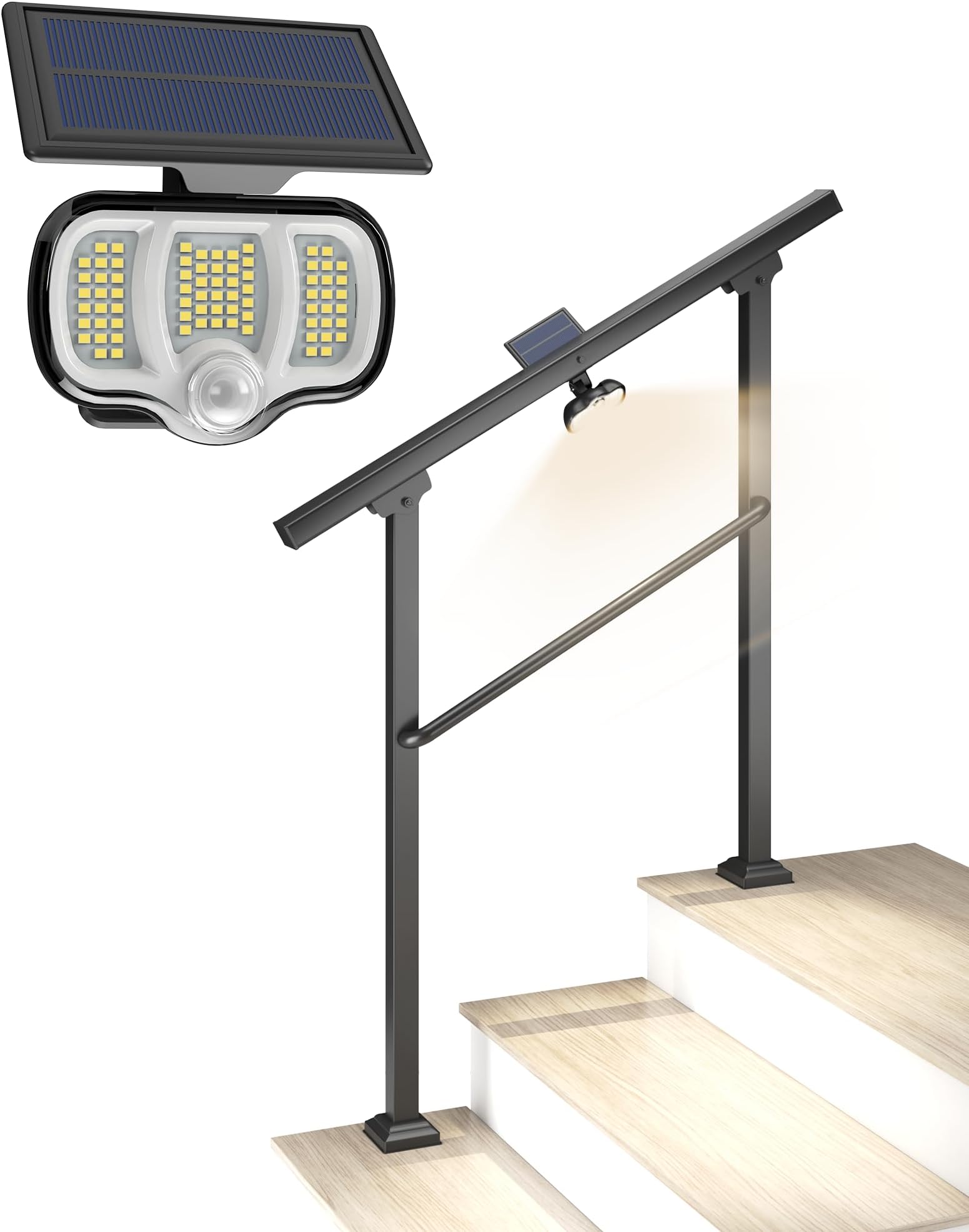 Hand Rails for Outdoor Steps, 3 Step Handrail with Solar Deck Lights, Stair Railing Indoor, Hand Rails for Indoor Stairs, Handrails for Outdoor Steps for Porch/Deck, Black