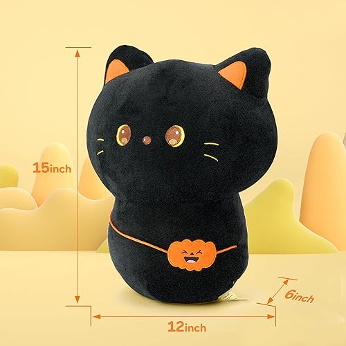 Miniatura 5 de Peluche de gato negro de 15 pulgadas, almohada de felpa esponjosa, juguete de peluche abrazable, peluches esponjosos, regalo de cumpleaños de