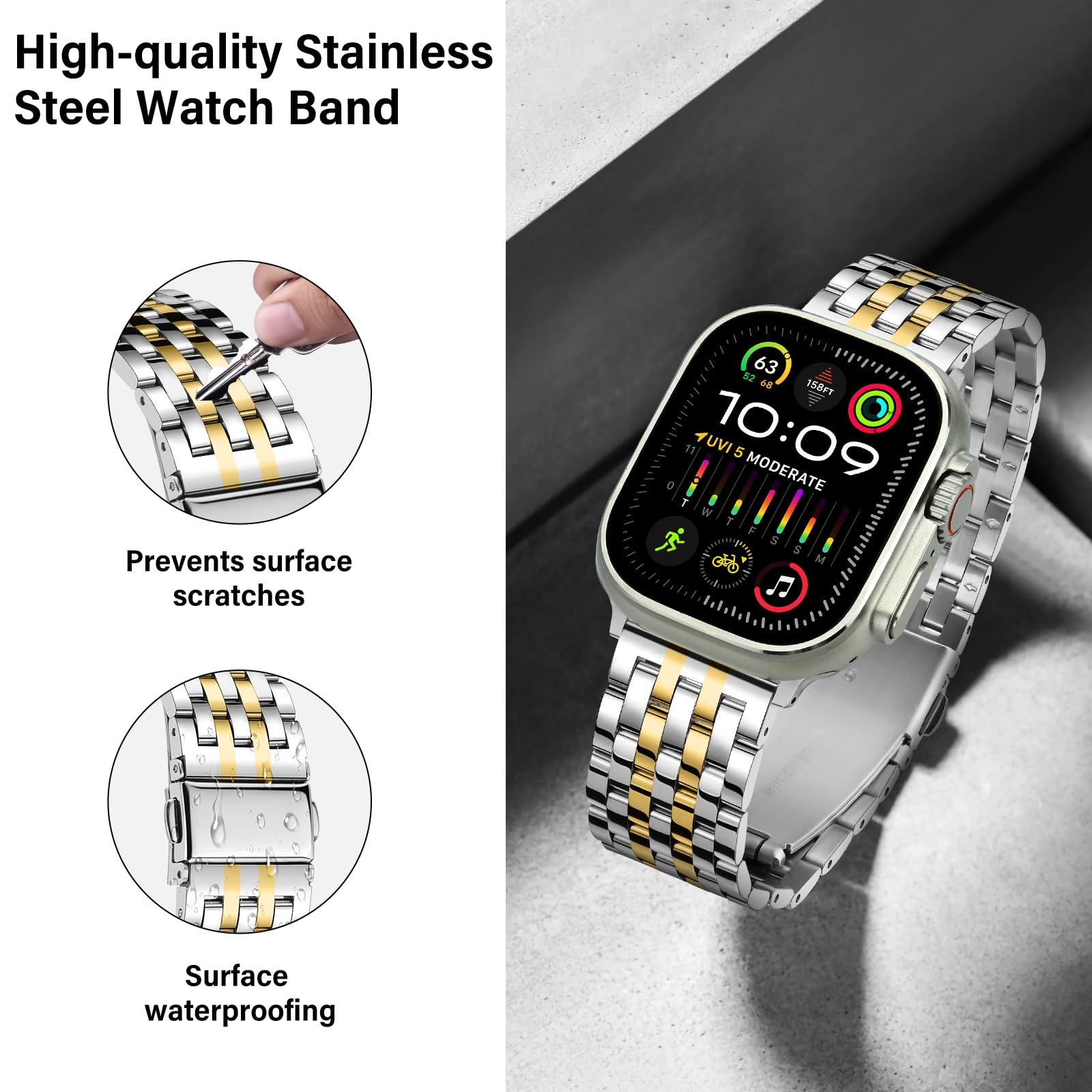 Tasikar Metalowy pasek do zegarka kompatybilny z Apple Watch 49 mm, 46 mm, 45 mm, 44 mm, 42 mm, 41 mm, 40 mm, 38 mm, wymienny pasek ze stali nierdzewnej do zegarka iWatch Ultra SE, serii 10, 9, 8, 7