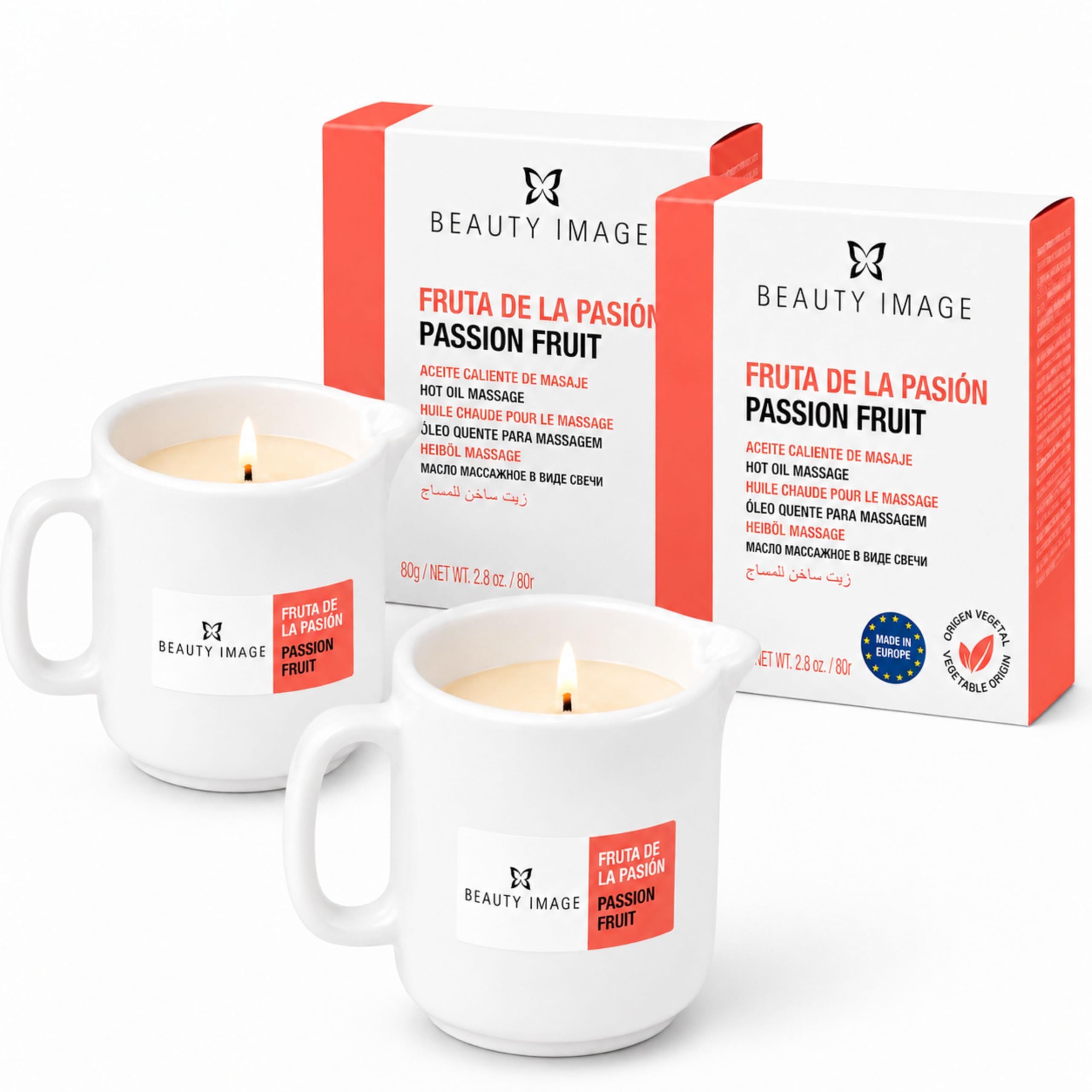 BEAUTY IMAGE Pack de 2 Grandes Bougies de Massage - Parfum Fruit de la Passion [80 gr de 4 à 5 Massages Complets du Corps Chaque Bougie] Huile Chaude pour Massage Professionnel.