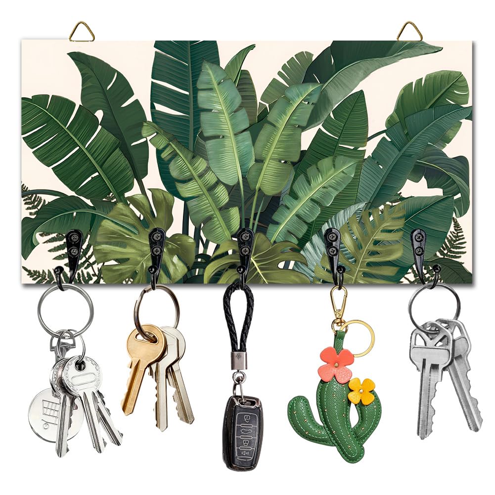 Porte-clés mural en bois avec 5 crochets motif plantes tropicales