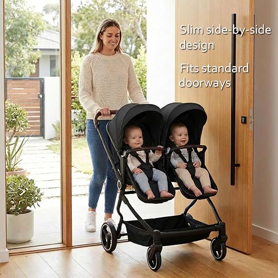 Double Stroller for Infant and Toddler, Black | Lightweight side-by-side twin | 26.8 slim fits doors | Compact fold & travel | Independent recline | 5-pt harness & basket