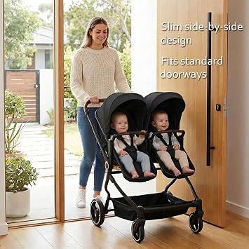 Double Stroller for Infant and Toddler, Black | Lightweight side-by-side twin | 26.8 slim fits doors | Compact fold & travel | Independent recline | 5-pt harness & basket